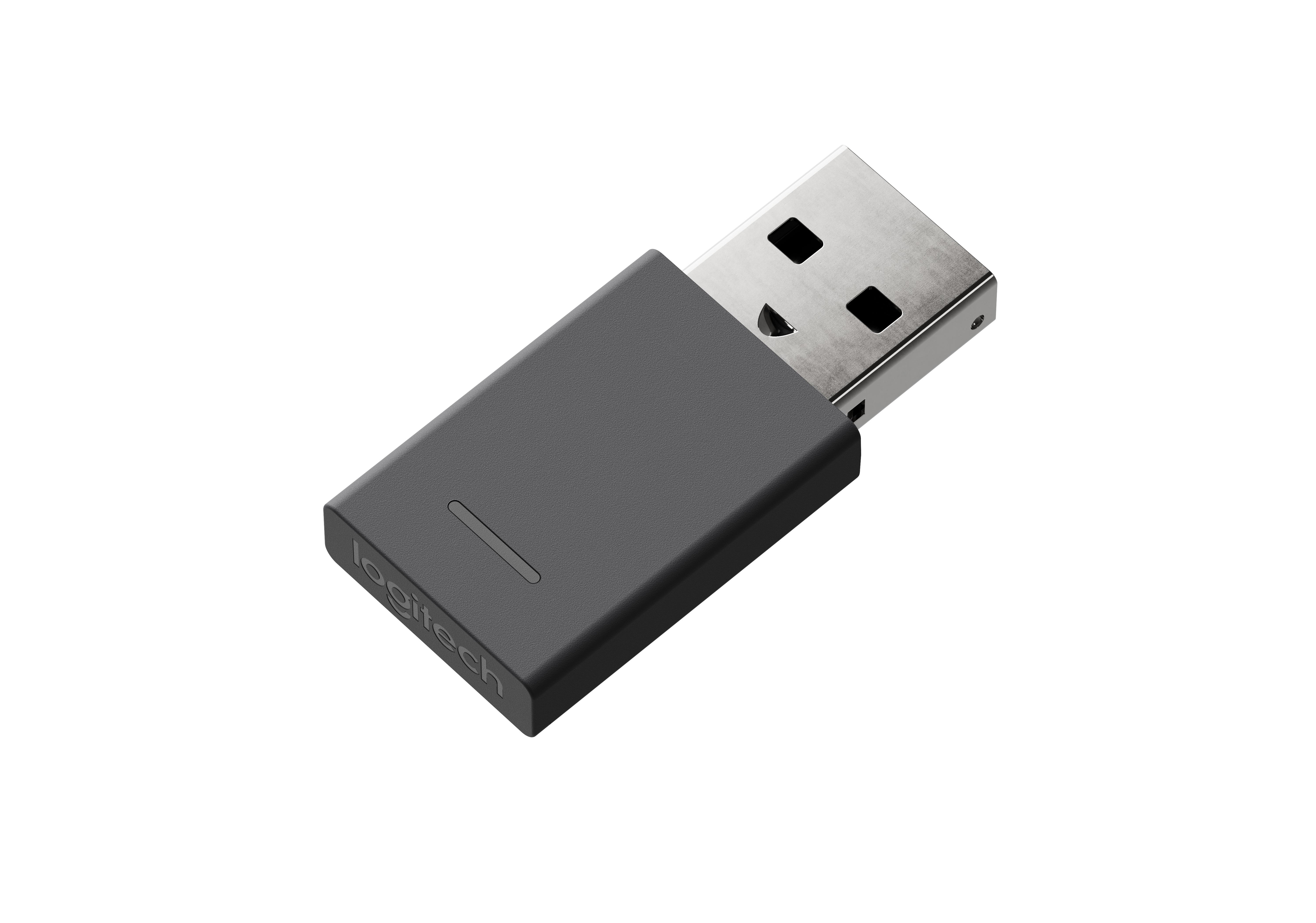 Ein dunkelgrauer Logitech USB-Empfänger mit silbernem USB-Anschluss. Der Hintergrund ist weiß.