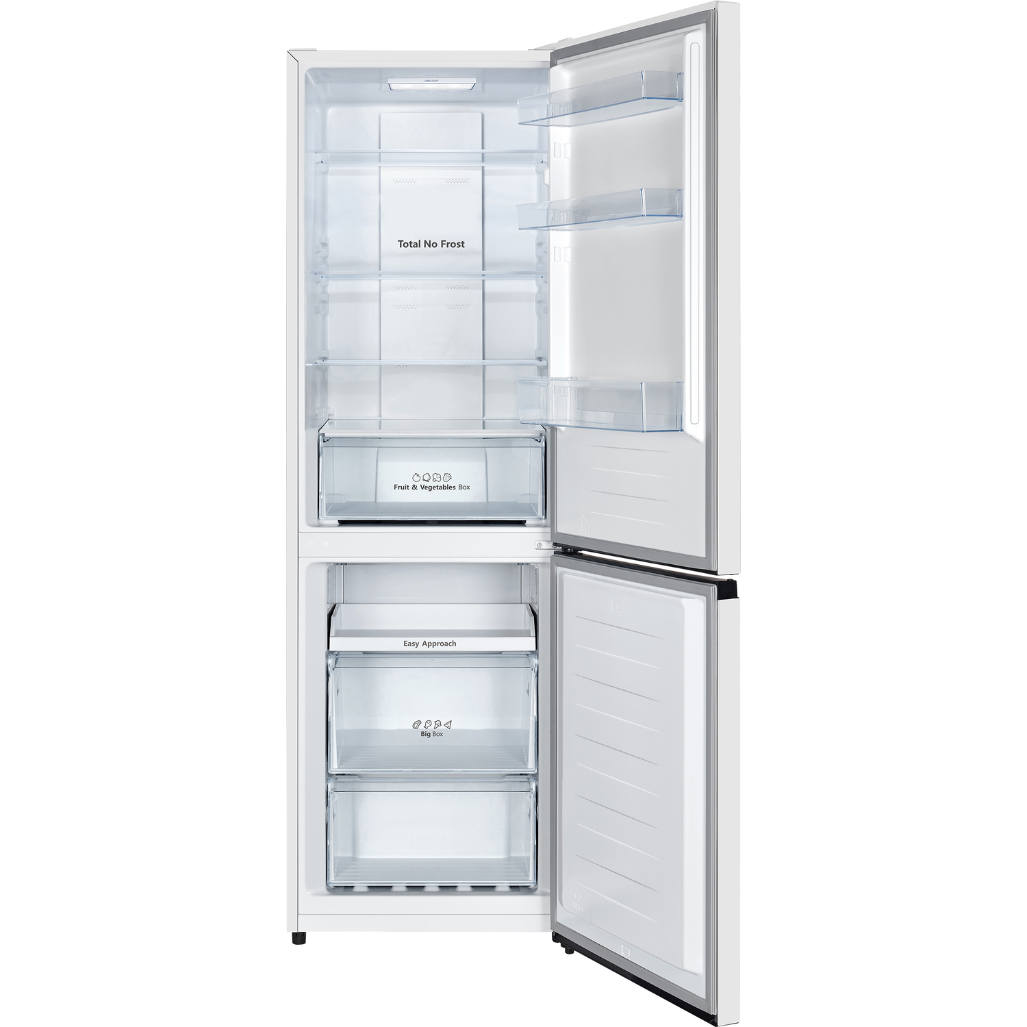 Open witte koelkast met twee deuren. De bovenste deur is open en onthult planken en een lade met het label 'Fruit & Vegetables Box'.