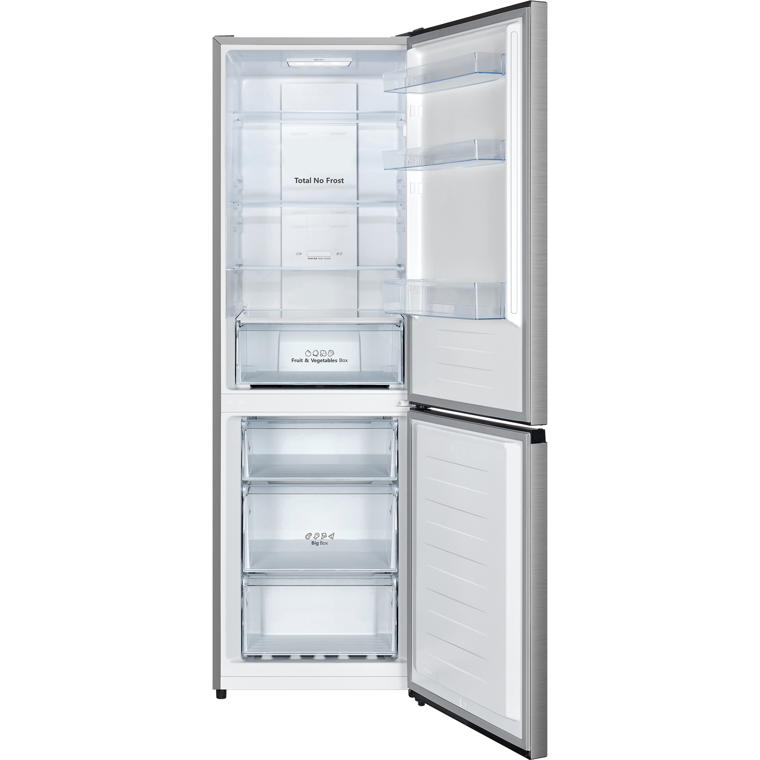 Réfrigérateur ouvert, extérieur argenté, intérieur blanc. Section supérieure avec étagères, inférieure avec tiroirs. Étiquette Total No Frost visible.