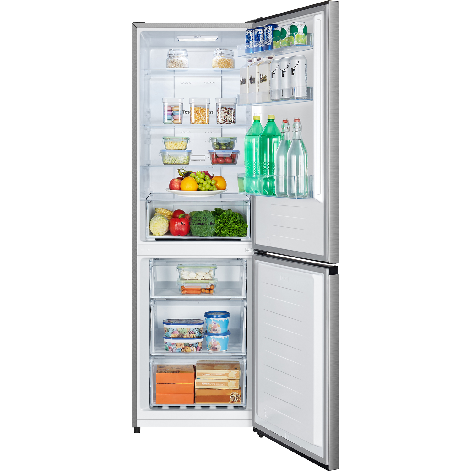 Réfrigérateur ouvert rempli d'aliments : fruits, légumes, boissons et contenants. Finition en acier inoxydable.