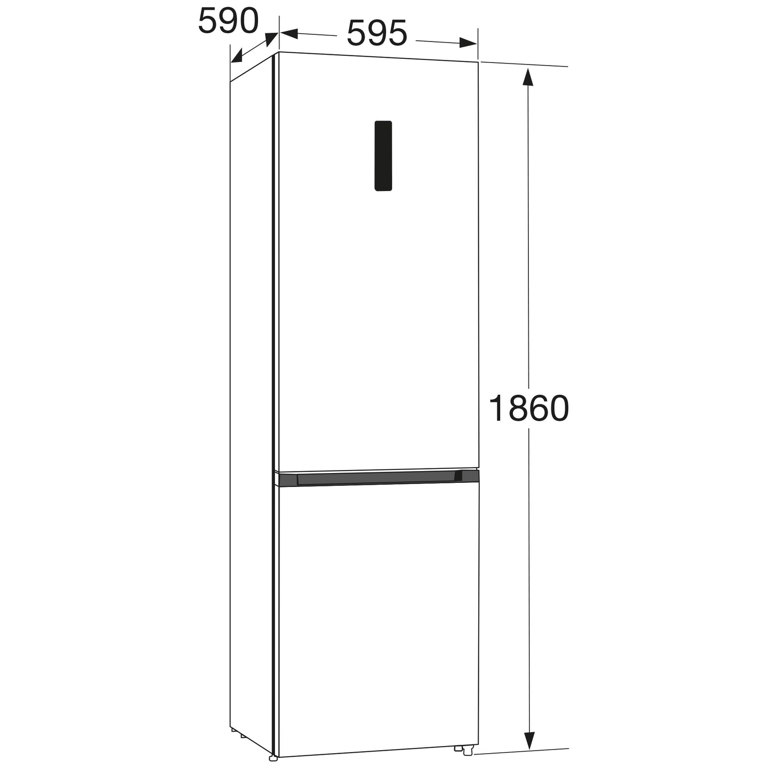 Un dessin au trait d'un réfrigérateur avec des dimensions. La partie supérieure est blanche, le bas gris. Dimensions: 590x595x1860mm.
