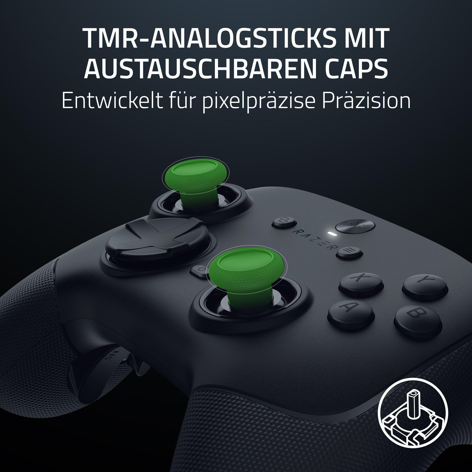 Nahaufnahme eines schwarzen Gamecontrollers mit grünen Analogsticks. Razer-Logo ist sichtbar. Text oben.