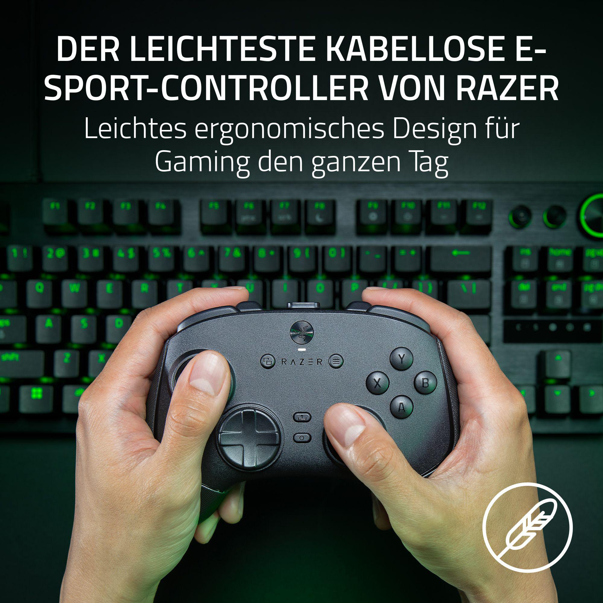 Hände halten einen schwarzen Razer-Controller. Tastatur im Hintergrund. Text: Razer Wireless-Controller.