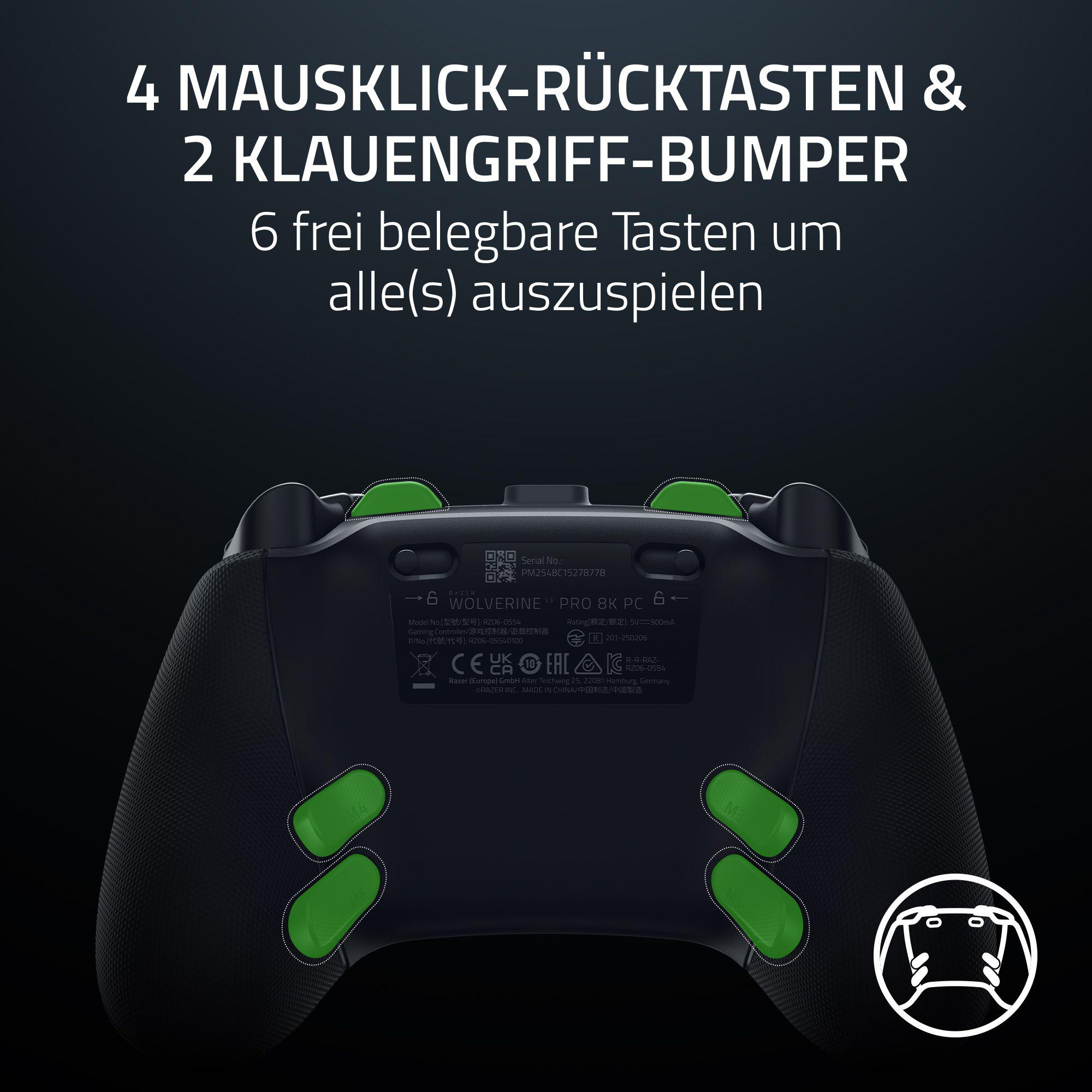 Schwarzer Gamecontroller mit grünen Akzenten, Text oben und eine weiße Controller-Umrisslinie.