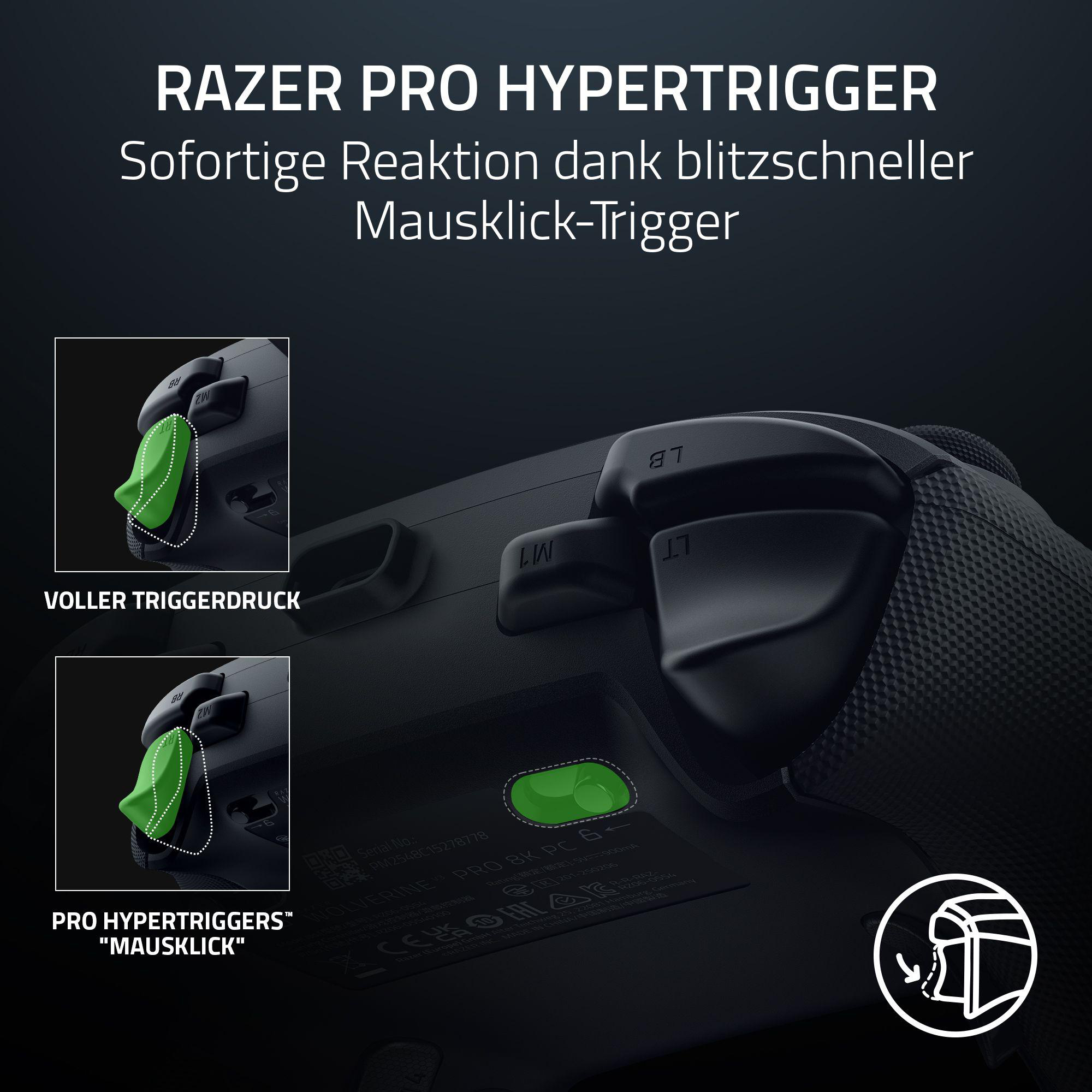 Schwarzer Razer-Controller mit grünen Akzenten. Text: Razer Pro Hypertrigger. Bilder zeigen die Auslösung.