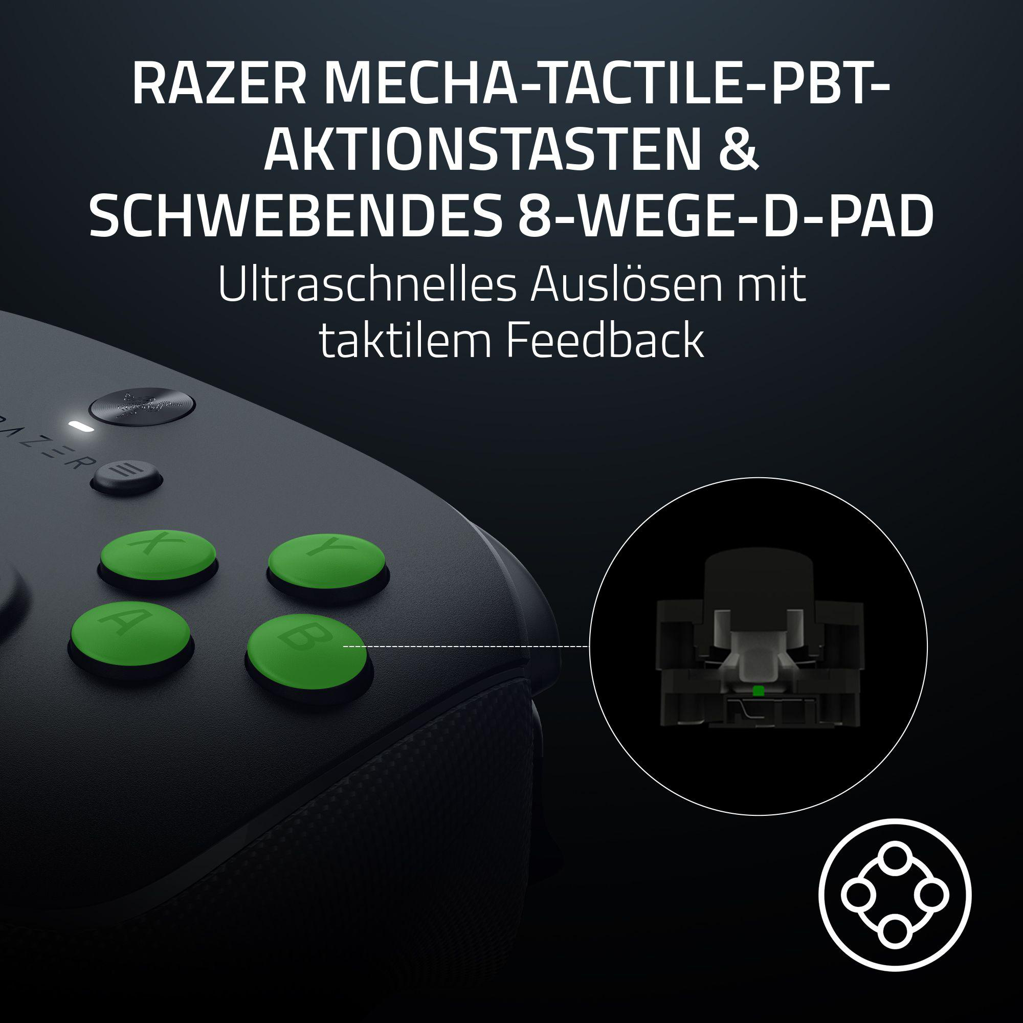 Schwarzer Gamecontroller mit grünen Tasten mit A, B, X, Y beschriftet. Text oben sagt Razer mit Funktionen.