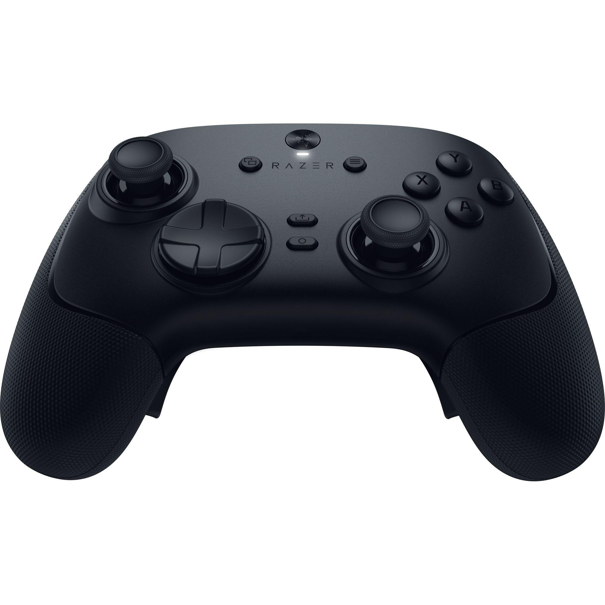 Schwarzer Razer-Gamecontroller. Verfügt über Tasten, Analog-Sticks und ein Steuerkreuz. Razer-Logo sichtbar.