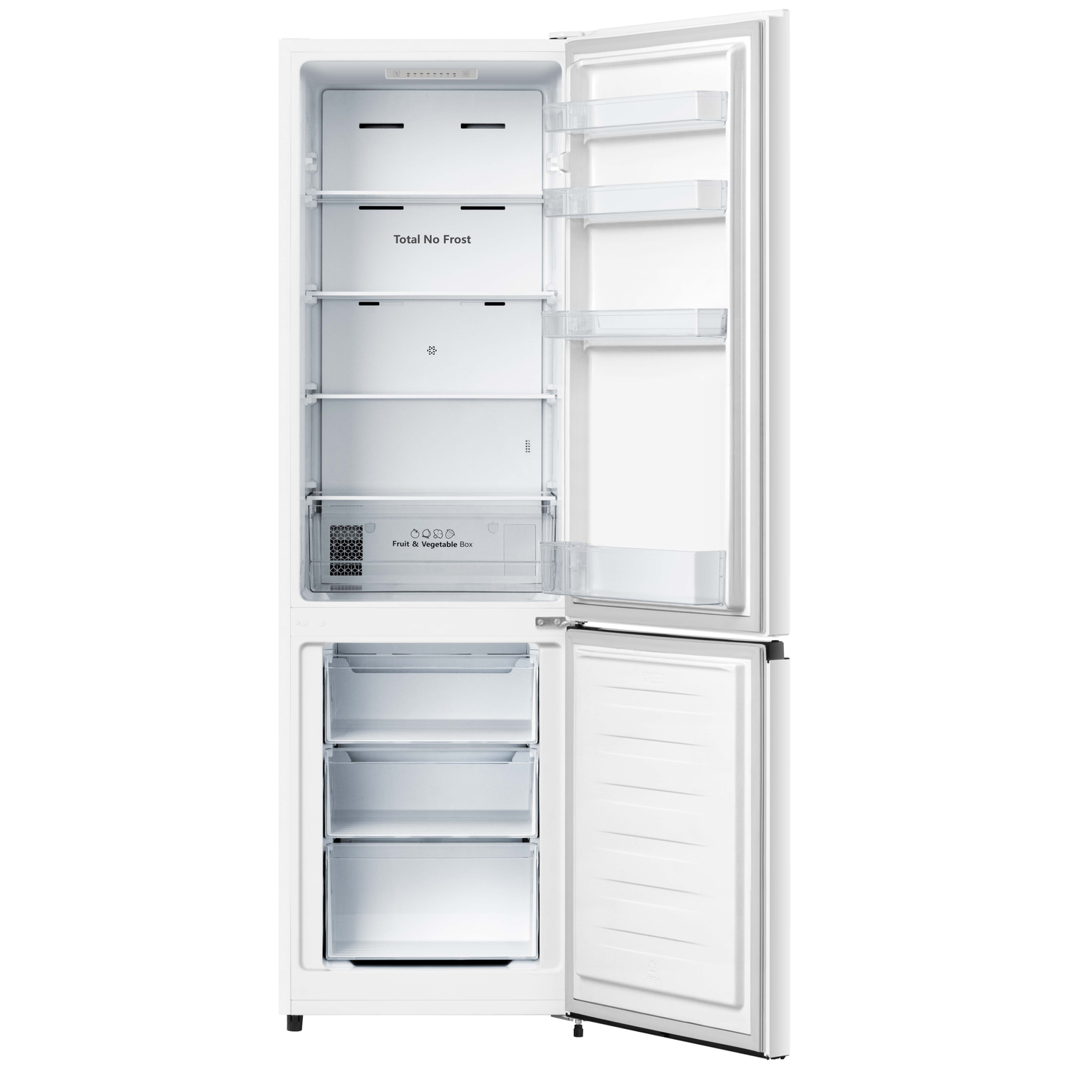 Open witte koelkast met lege planken en lades. Eén deur open, interieur zichtbaar. Labels 'Total No Frost' en 'Fruit & Vegetable Box'.