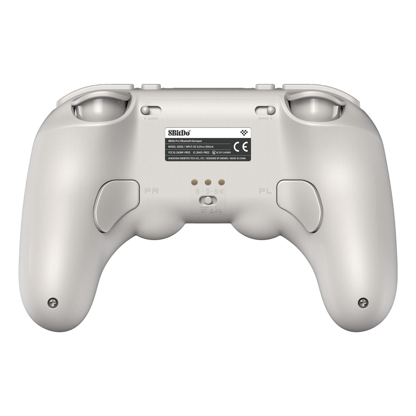 Ein weißes 8BitDo Pro 3 Bluetooth-Gamepad, Draufsicht. Tasten und Beschriftungen sind sichtbar.
