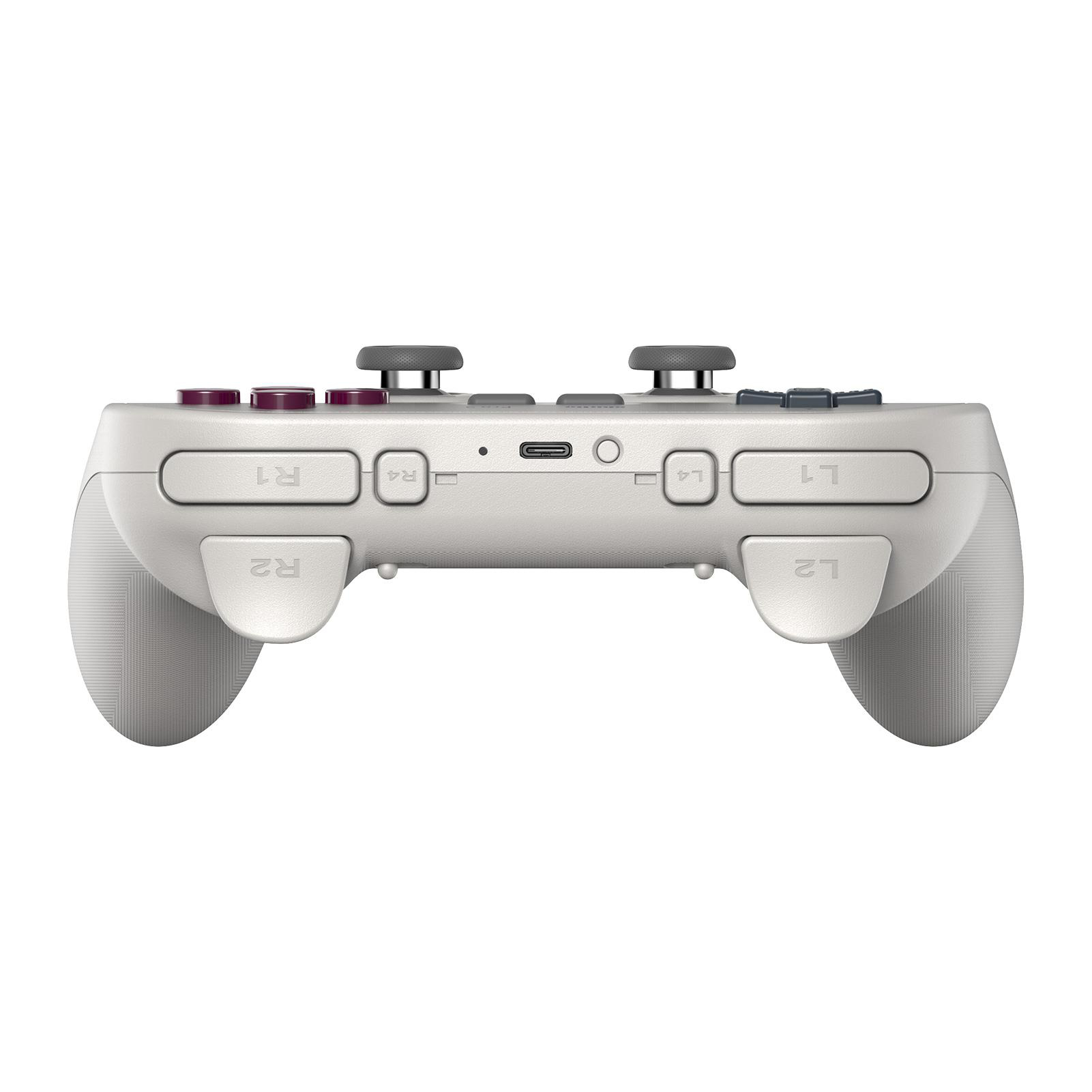 Ein weißer Gamecontroller mit Knöpfen, Triggern und Steuerkreuz. Er hat graue und lila Knöpfe und einen USB-C-Anschluss.