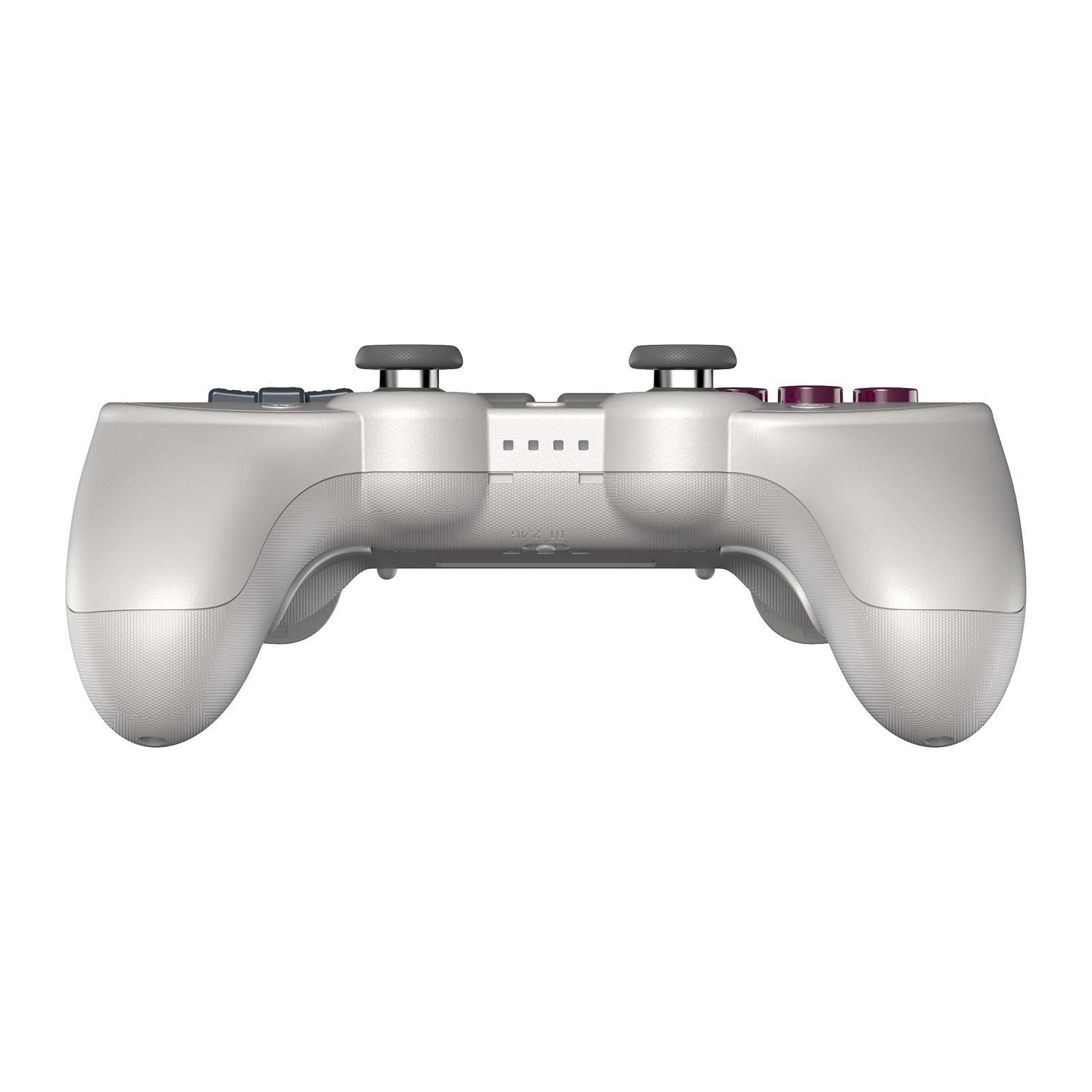 Ein weißer Gamecontroller ist vor einem weißen Hintergrund zentriert. Es hat graue und burgunderfarbene Knöpfe und schwarze Joysticks.
