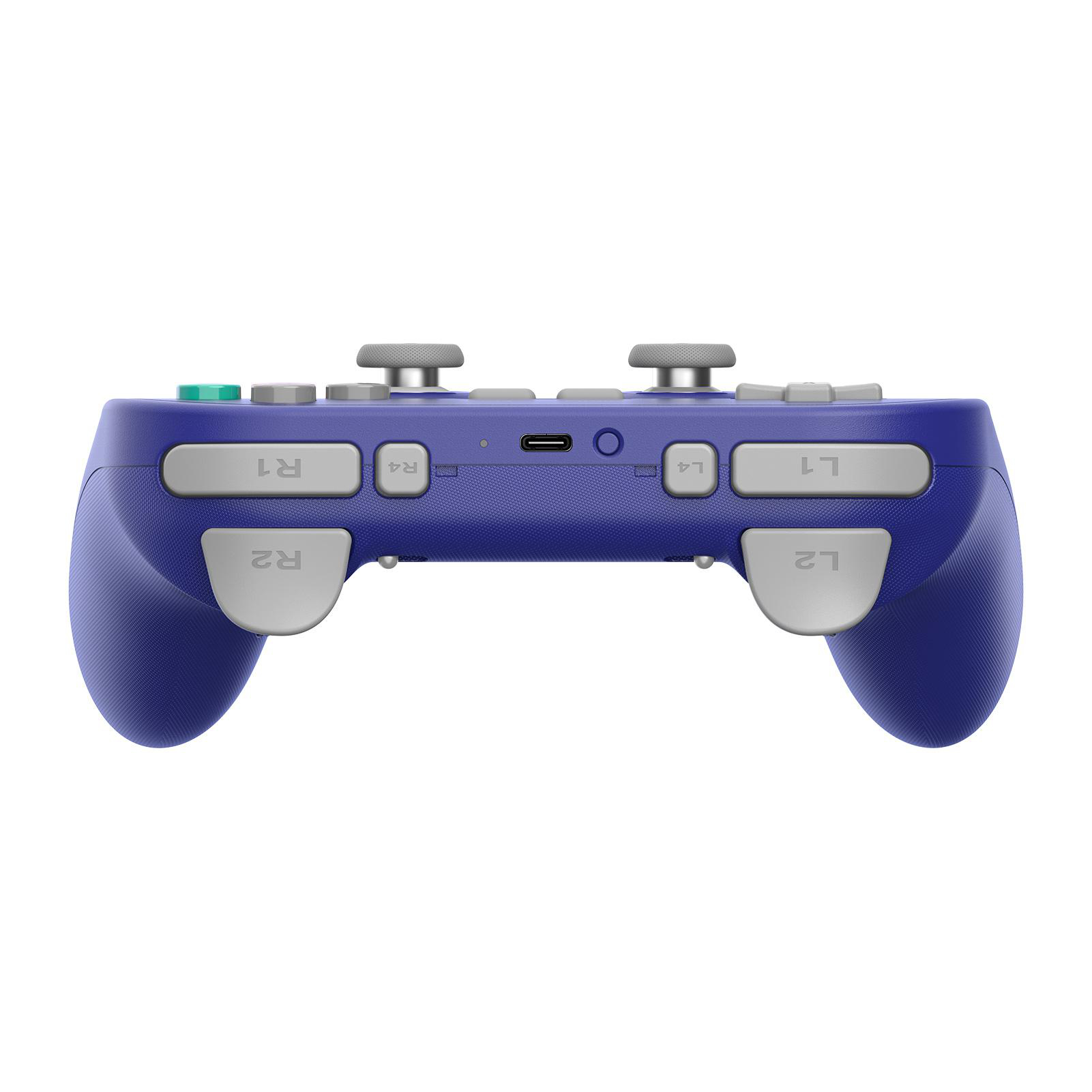 Ein blauer Handheld-Gamecontroller mit grauen Knöpfen und grauen Joysticks. Der Hintergrund ist weiß.