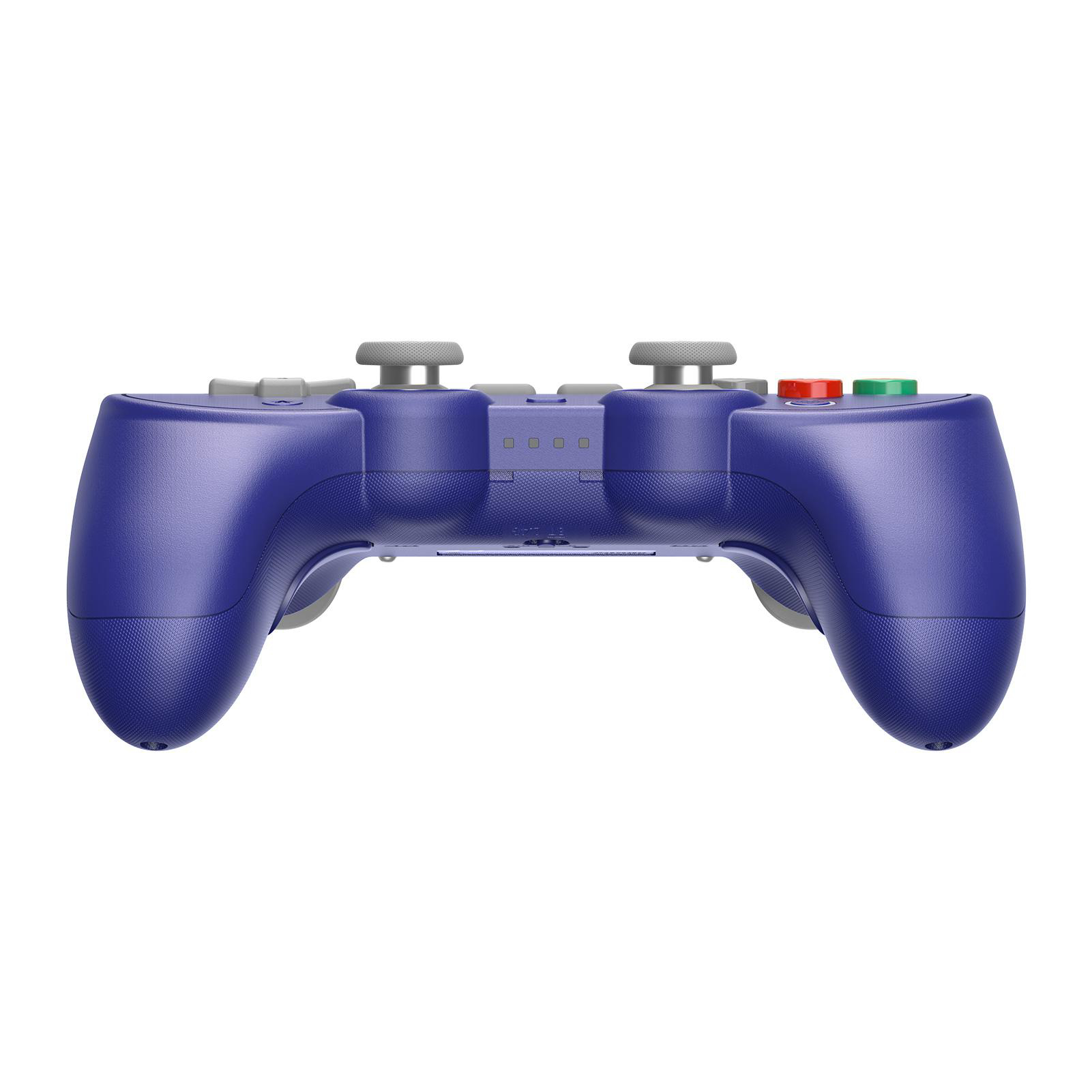 Ein blaues Gamepad ist vor weißem Hintergrund zentriert. Es hat graue Joysticks und farbige Knöpfe.