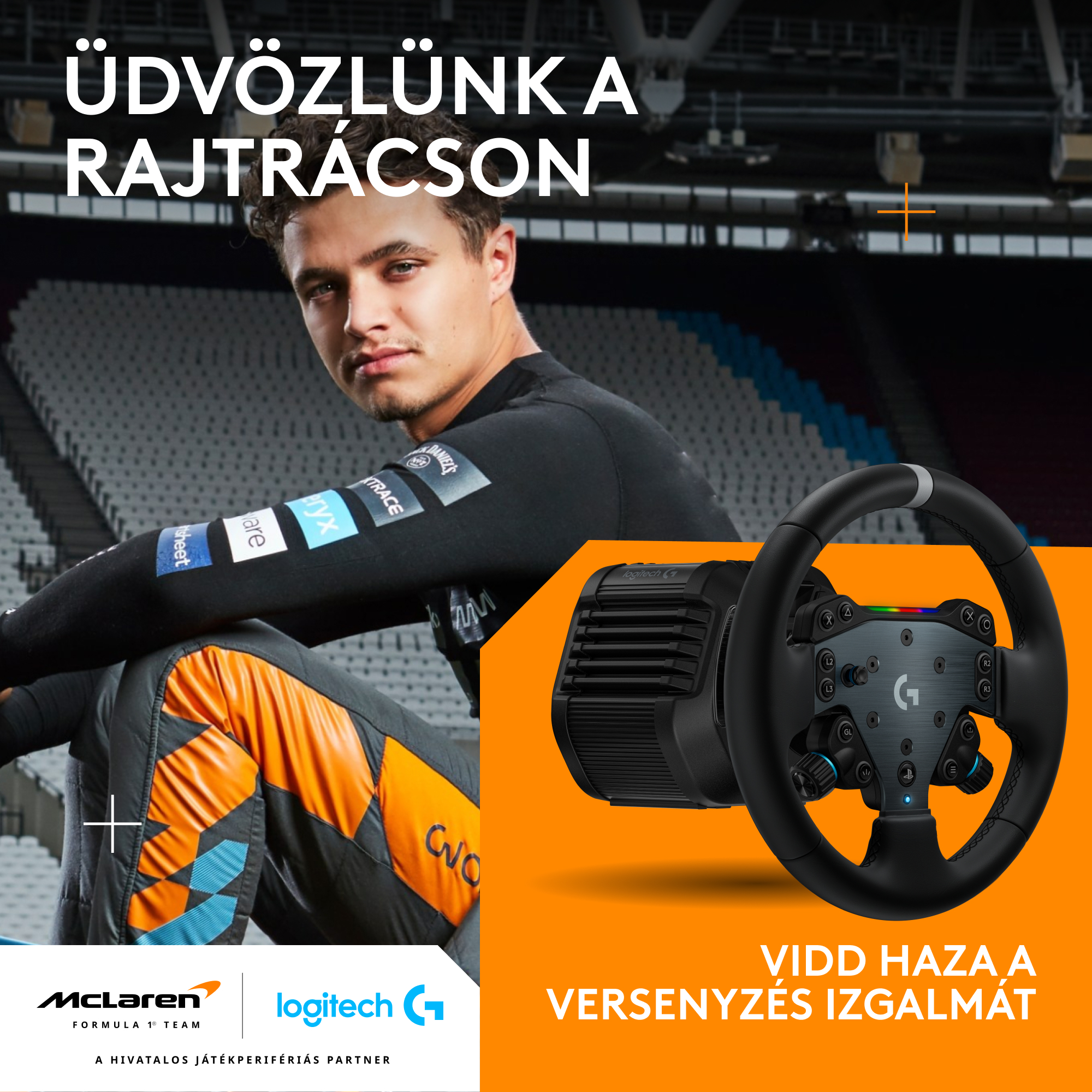 Egy versenyző ruhás férfi egy Logitech versenykormány mellett ül, narancssárga háttér, magyar szöveg.