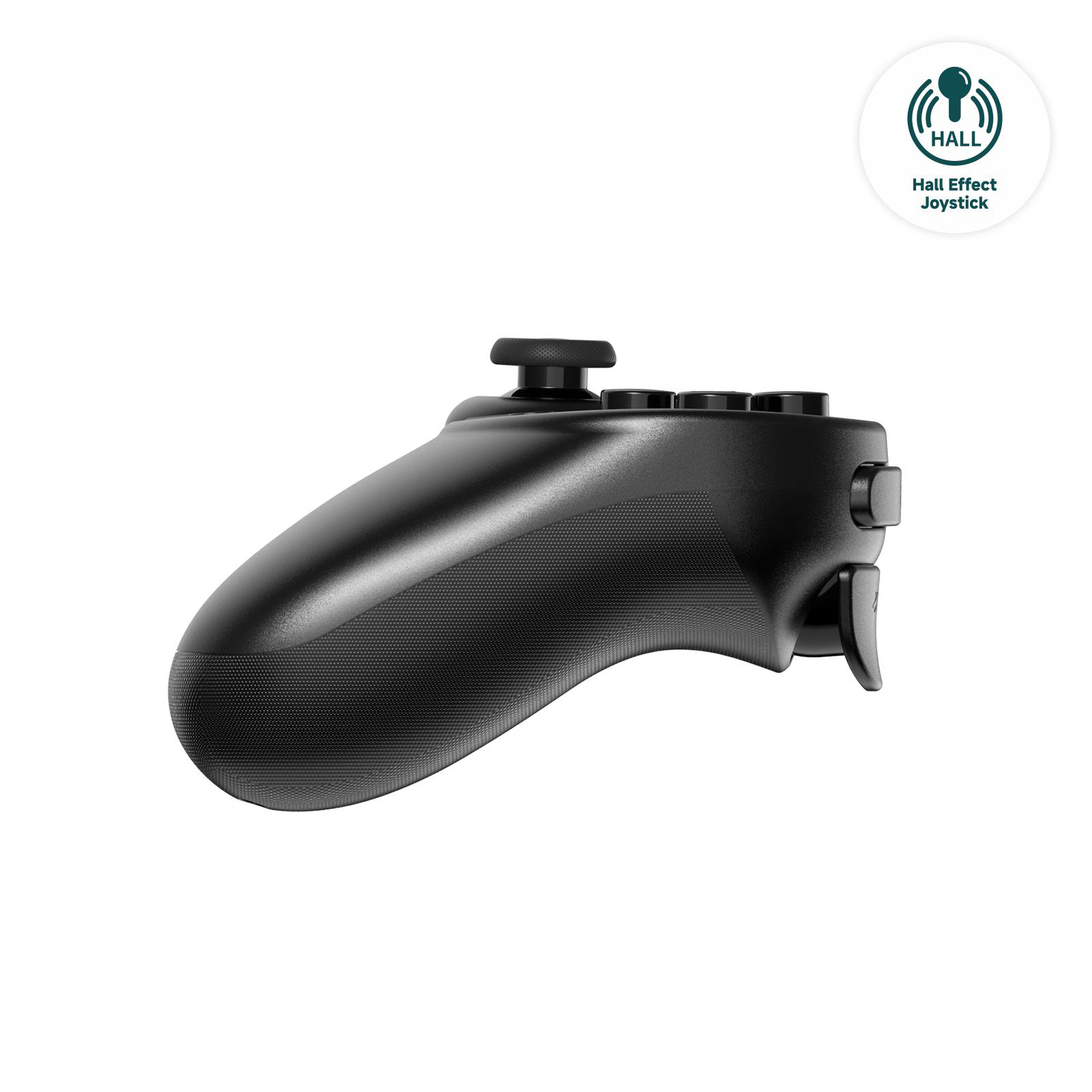 Schwarzer Gamecontroller mit Tasten, Joystick und Auslöser, beschriftet mit 'Hall Effect Joystick' auf weißem Hintergrund.