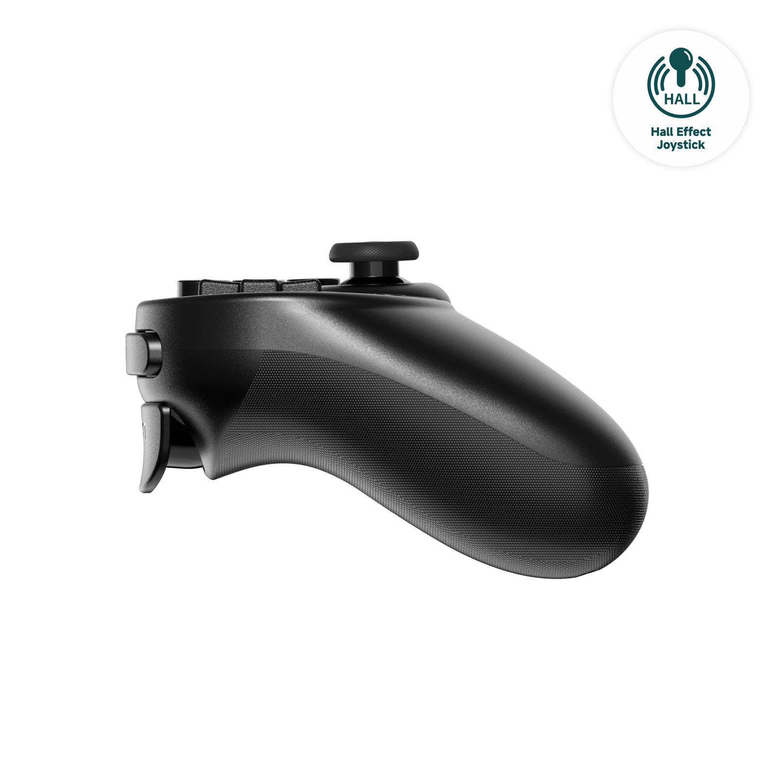 Schwarzer Gamecontroller mit Knöpfen, Triggern und Joystick. Ein Hall Effect Joystick-Logo ist rechts.