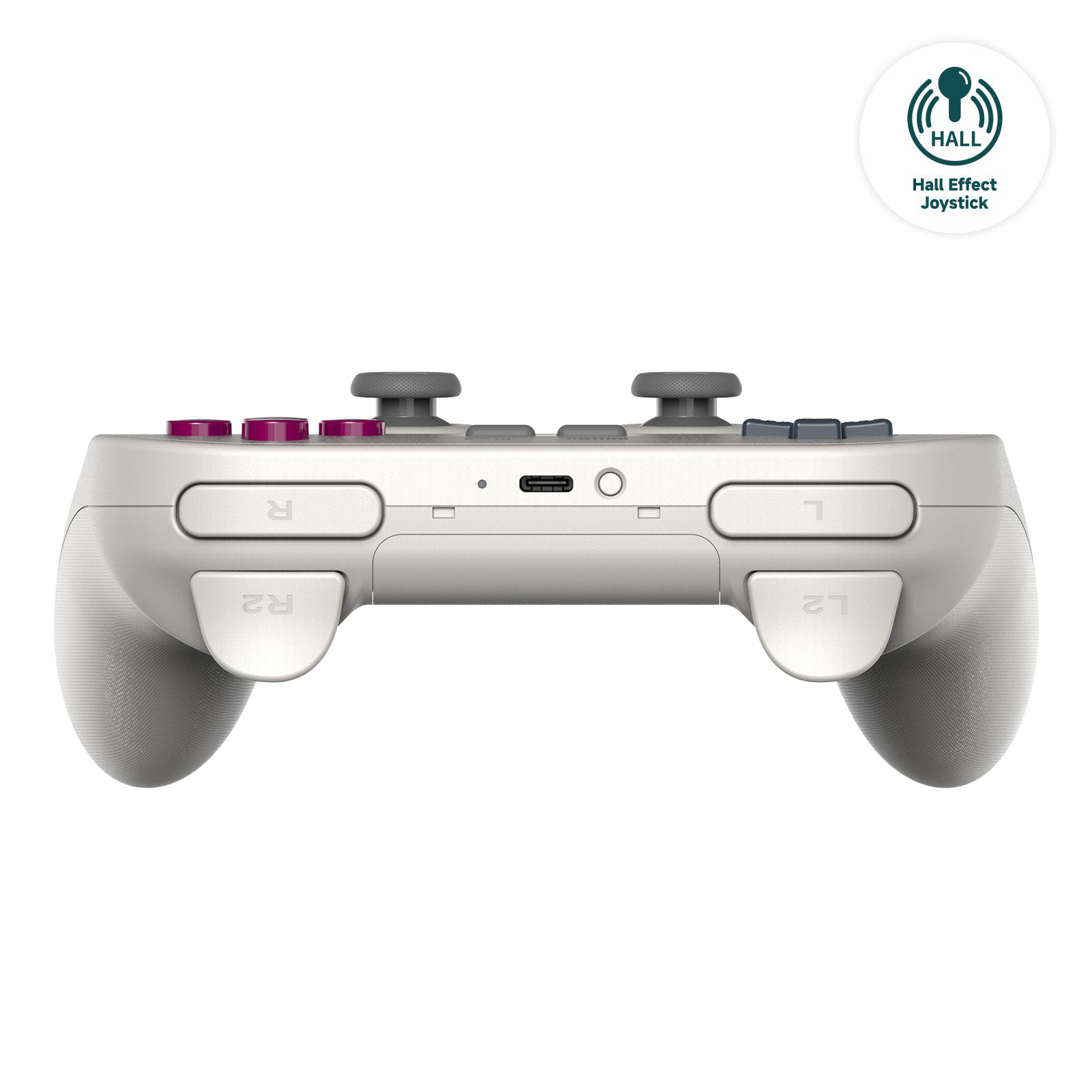 Ein weißer Gamecontroller mit grauen Joysticks und Knöpfen. Der Controller hat lila und graue Tasten.