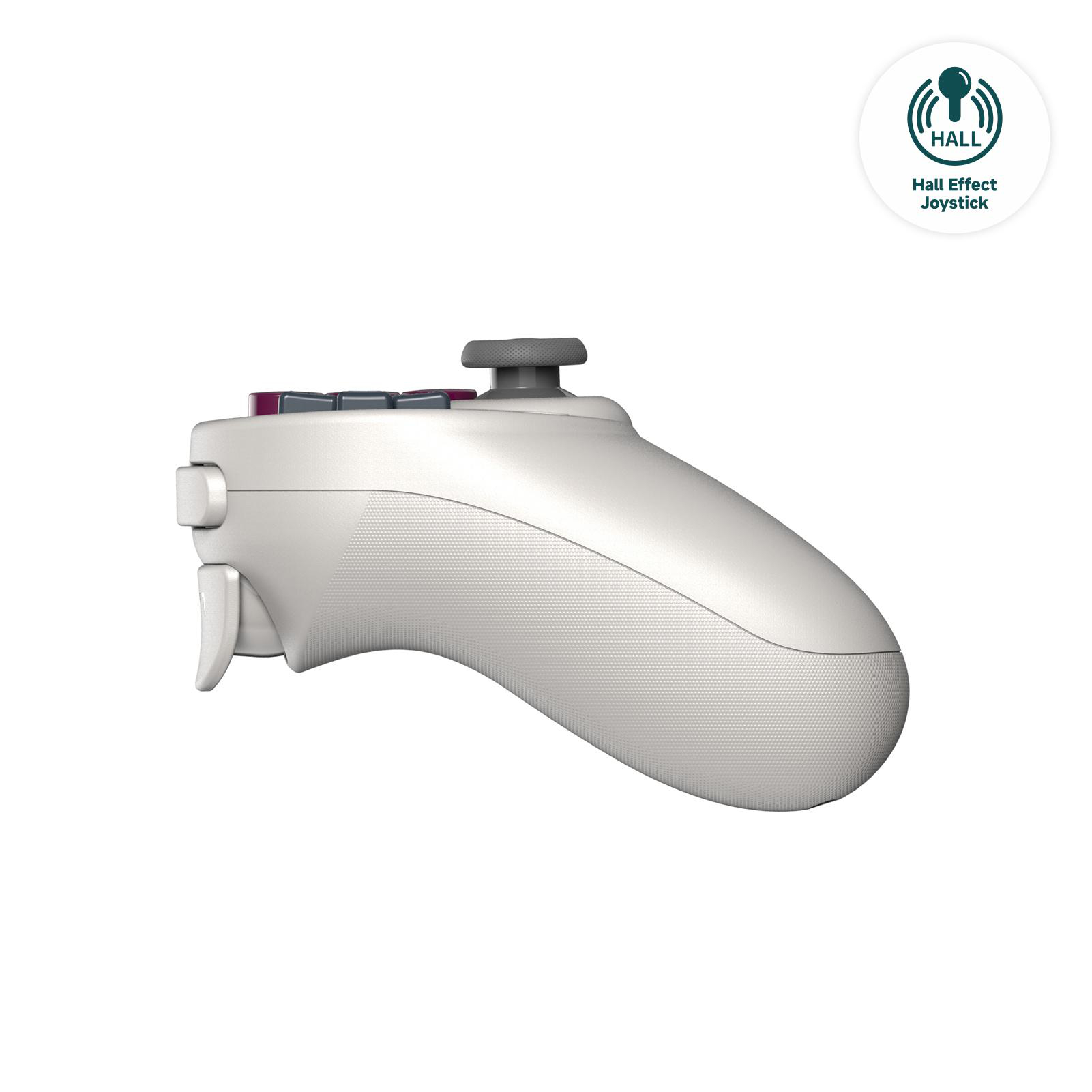 Ein weißes Gamepad mit grauen Joysticks und Tasten. Oben rechts befindet sich ein Hall Effect Joystick-Logo.