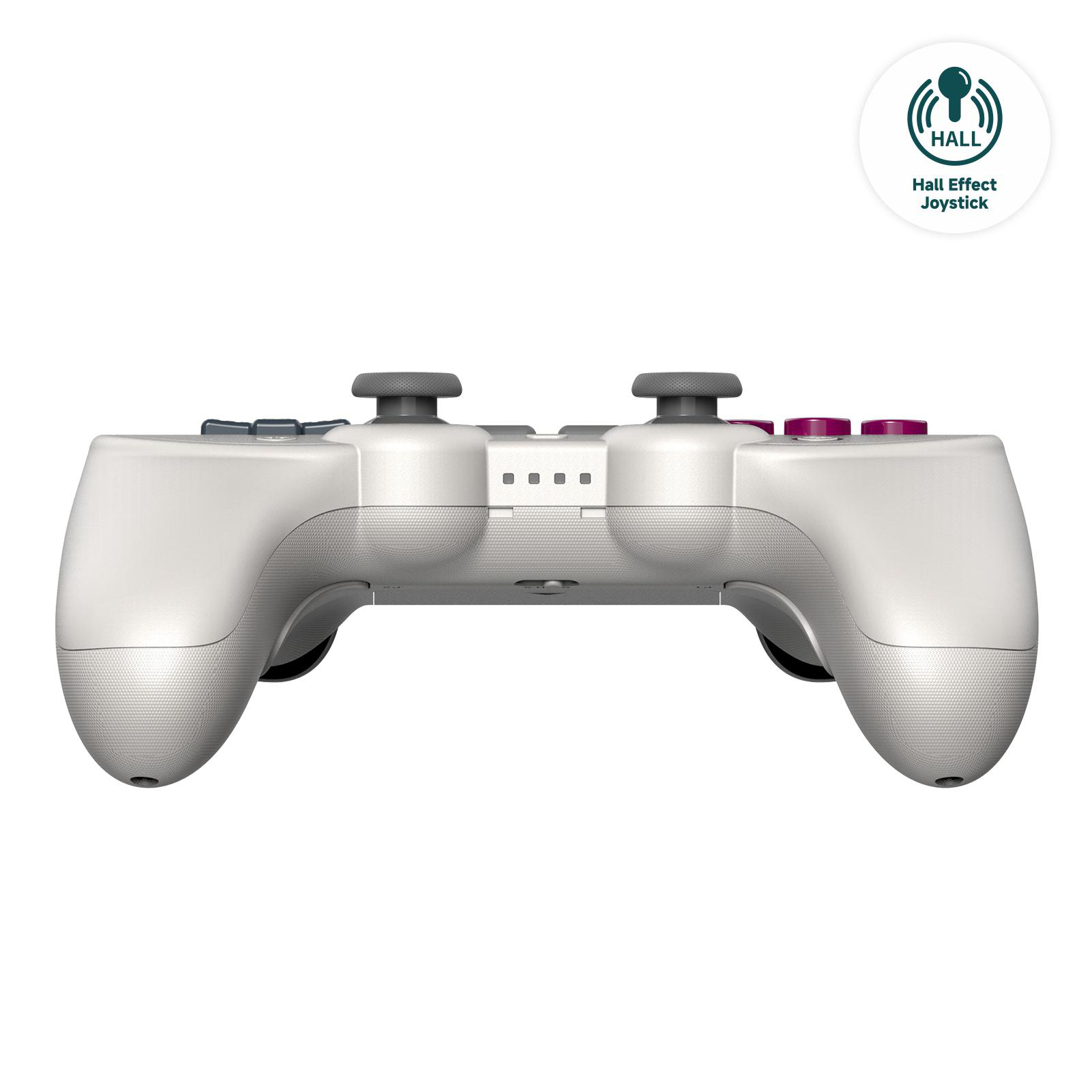 Ein weißer Gamecontroller mit grauen Joysticks und Tasten. Ein rundes Symbol zeigt 'Hall Effect Joystick'.