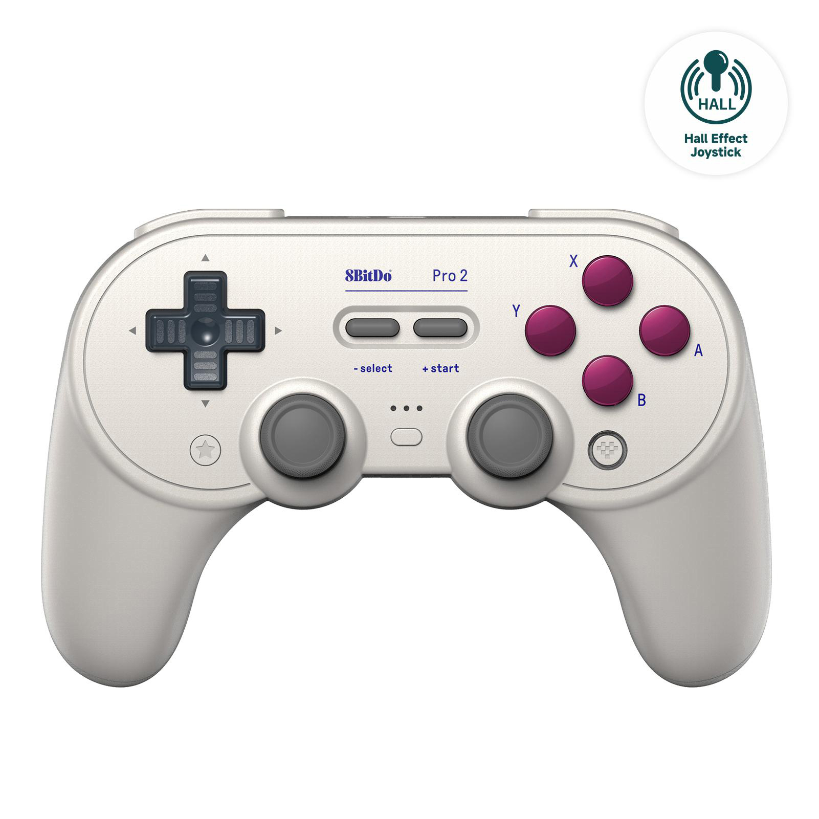 Ein weißer 8BitDo Pro 2-Controller mit dunkelgrauen Tasten. Hat lila Aktionstasten und ein Hall Effect Joystick-Abzeichen.