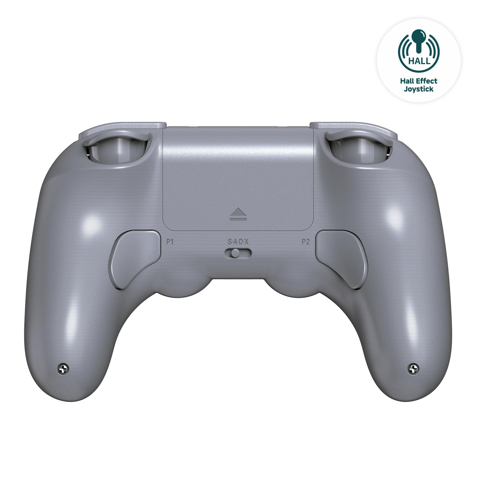 Ein grauer Gamecontroller mit Knöpfen, Joysticks und einem Hall-Effekt-Joystick-Logo auf weißem Hintergrund.