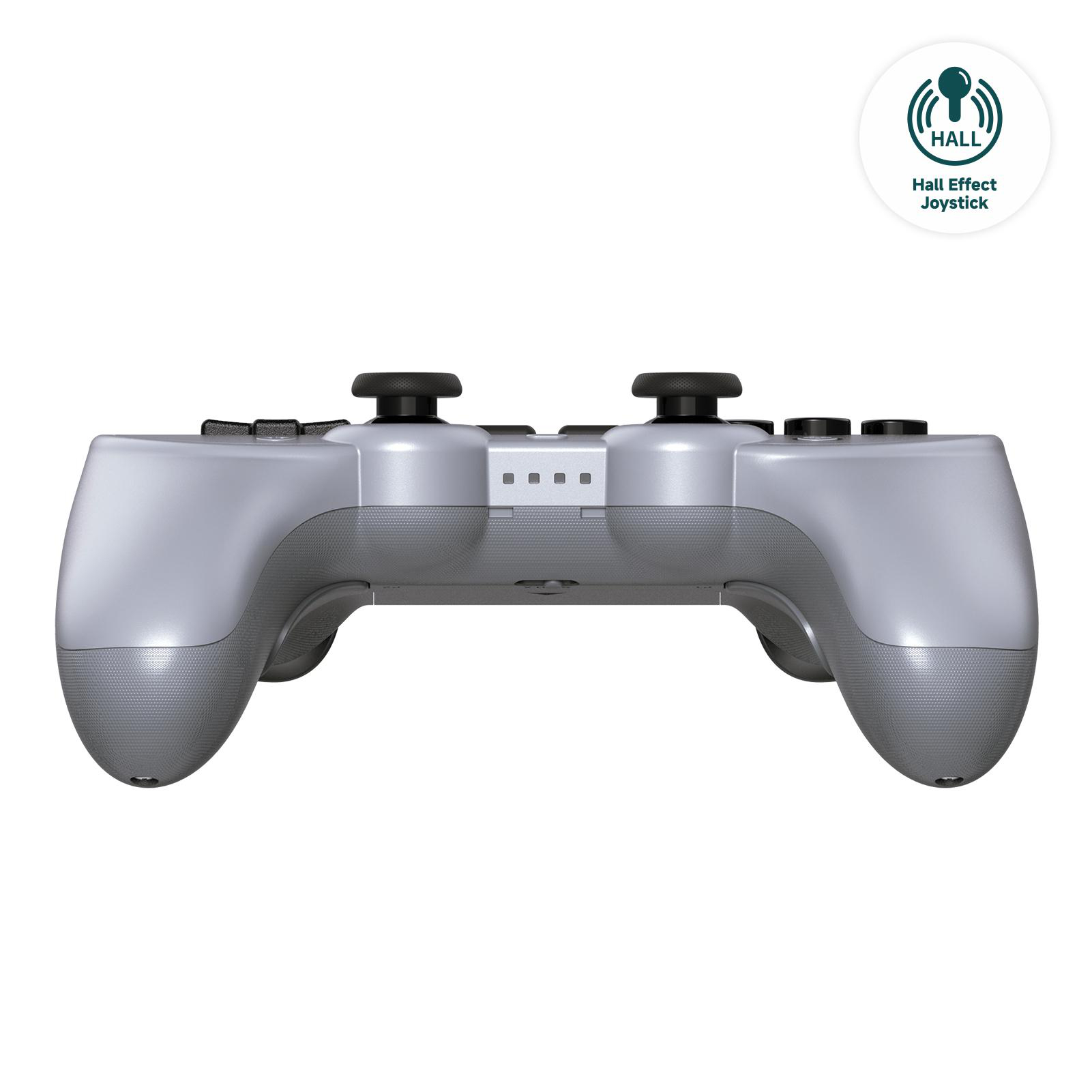 Silberner Gamecontroller mit schwarzen Knöpfen. Oben rechts befindet sich ein Hall-Effect-Joystick-Logo.
