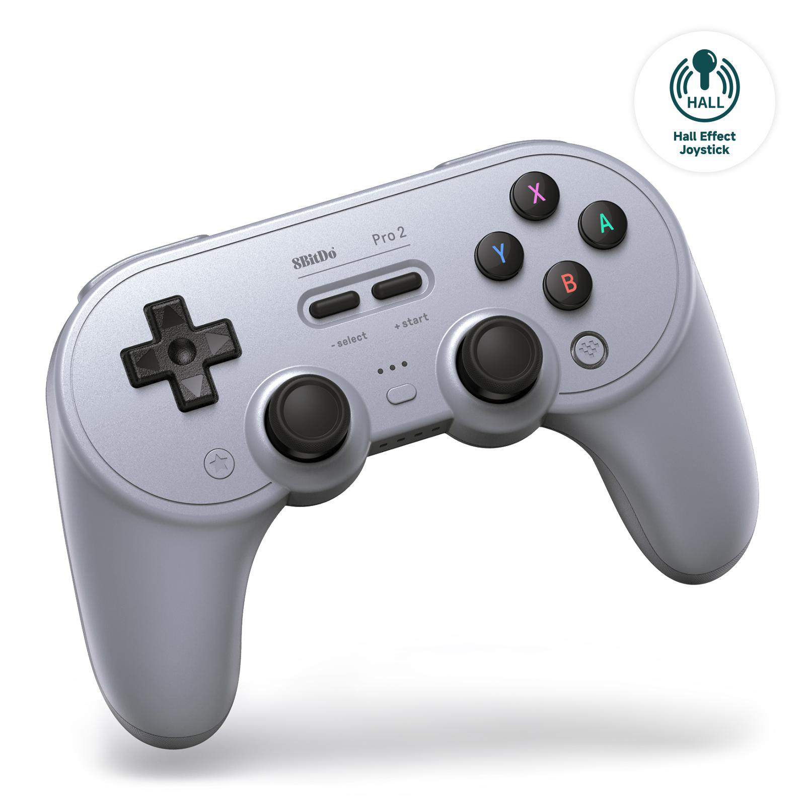 Ein grauer 8BitDo Pro 2 Controller. Er hat Tasten mit den Bezeichnungen X, Y, A und B, sowie ein Steuerkreuz, Joysticks und ein Hall Effect Joystick Logo.