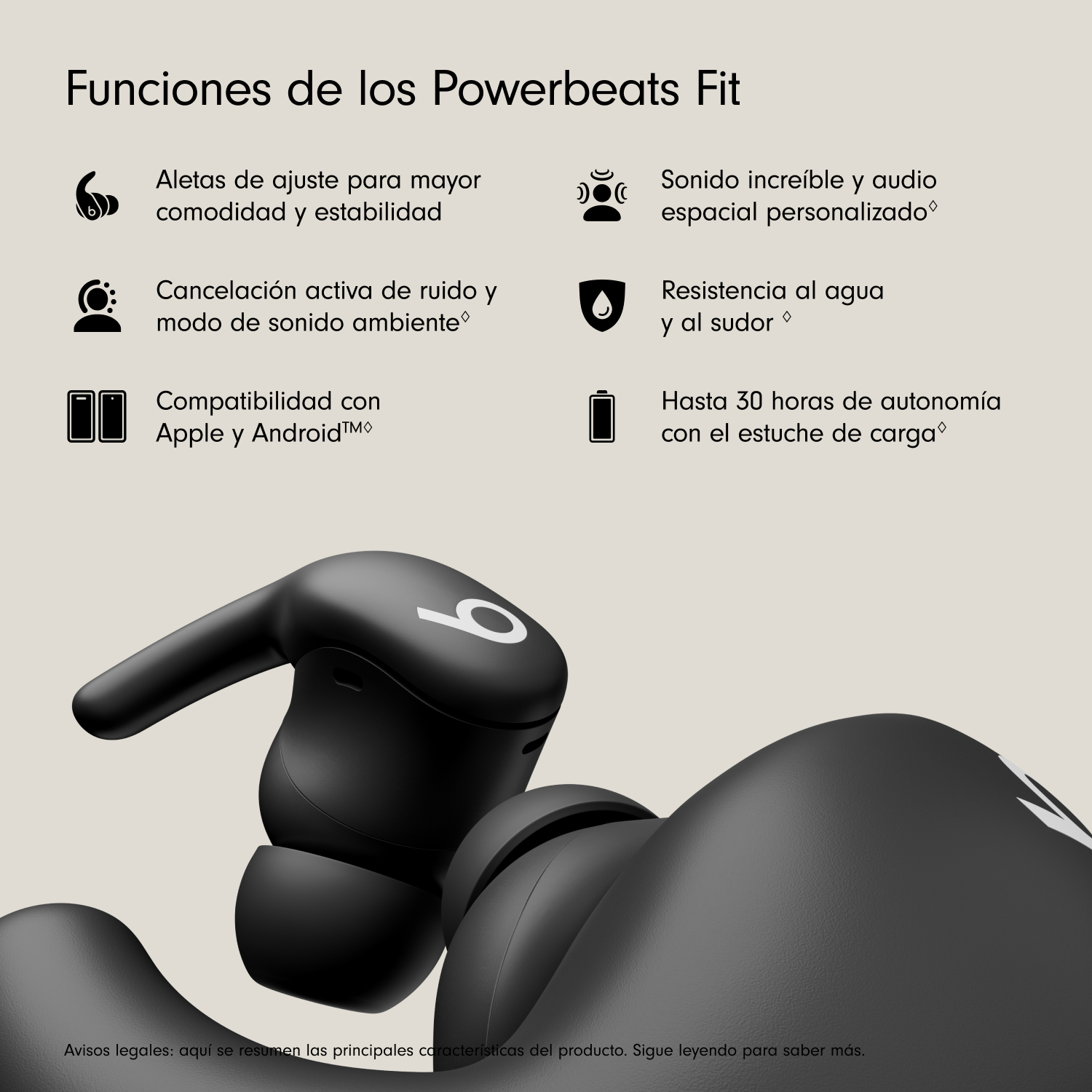 Auriculares Powerbeats Fit negros con el logotipo blanco de Beats. Las características incluyen cancelación de ruido, resistencia al agua y batería de larga duración.