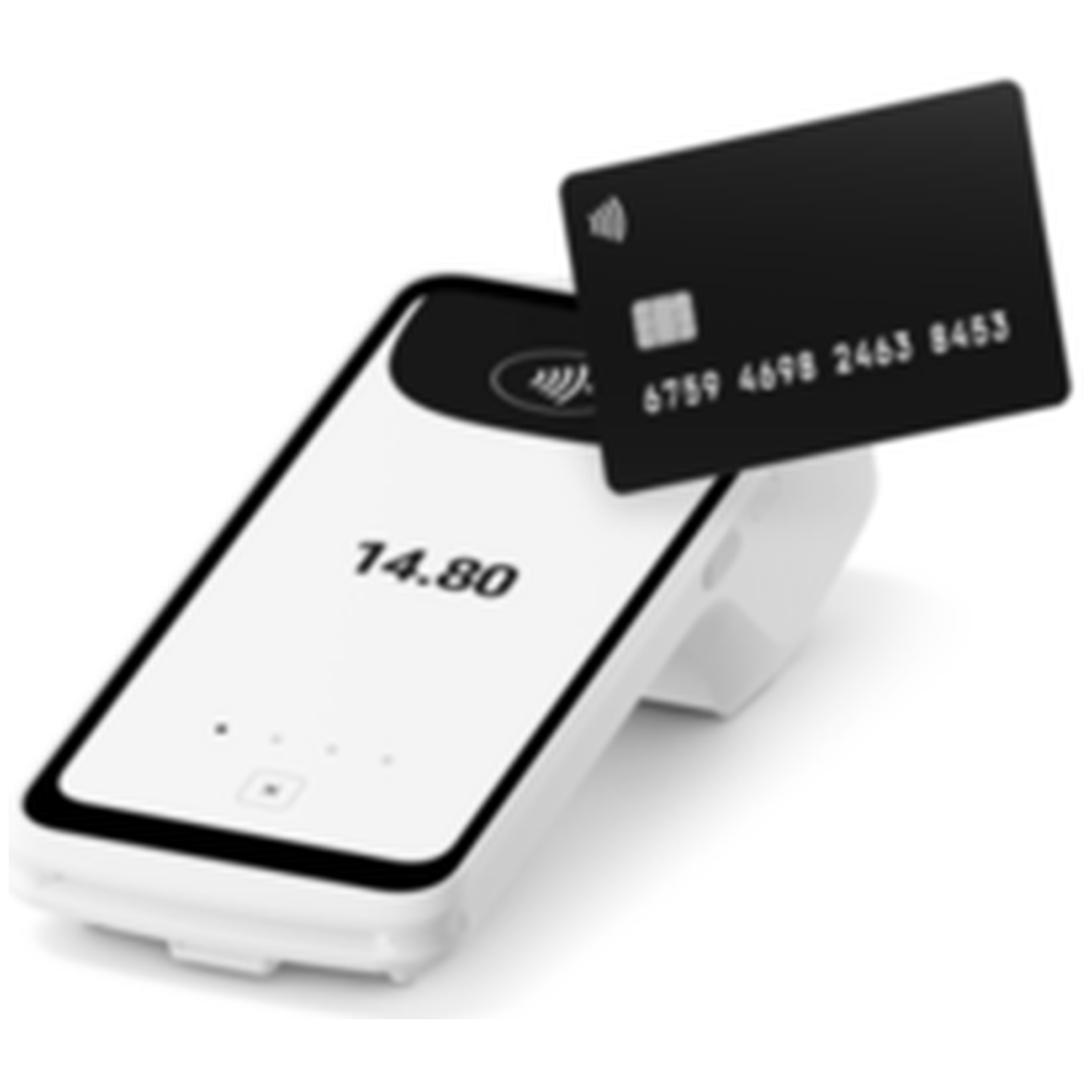 Une carte de crédit noire au-dessus d'un terminal de paiement blanc affichant 14,80 $. Le terminal a un symbole de paiement sans contact.