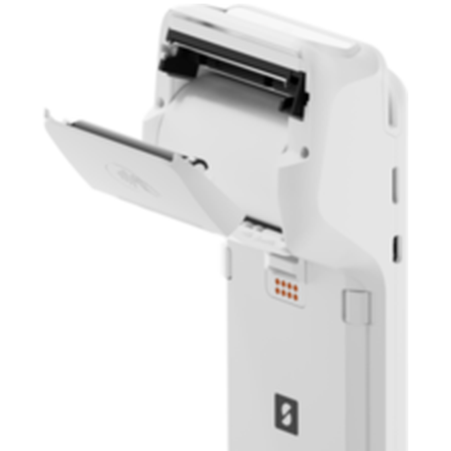 Une imprimante portable blanche et ouverte. Un rouleau de papier est visible à l'intérieur. L'appareil a des détails noirs et oranges.