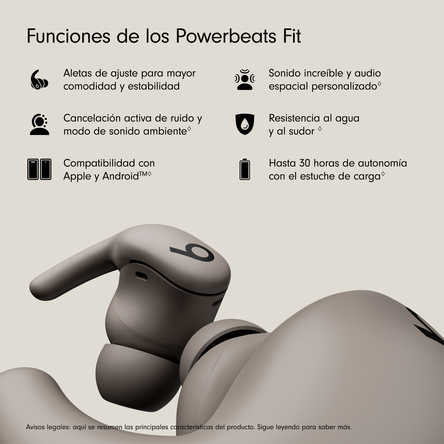 Imagen muestra auriculares Powerbeats Fit beige. Texto describe: ajuste, cancelación ruido, compatibilidad, audio espacial, resistencia agua, batería.