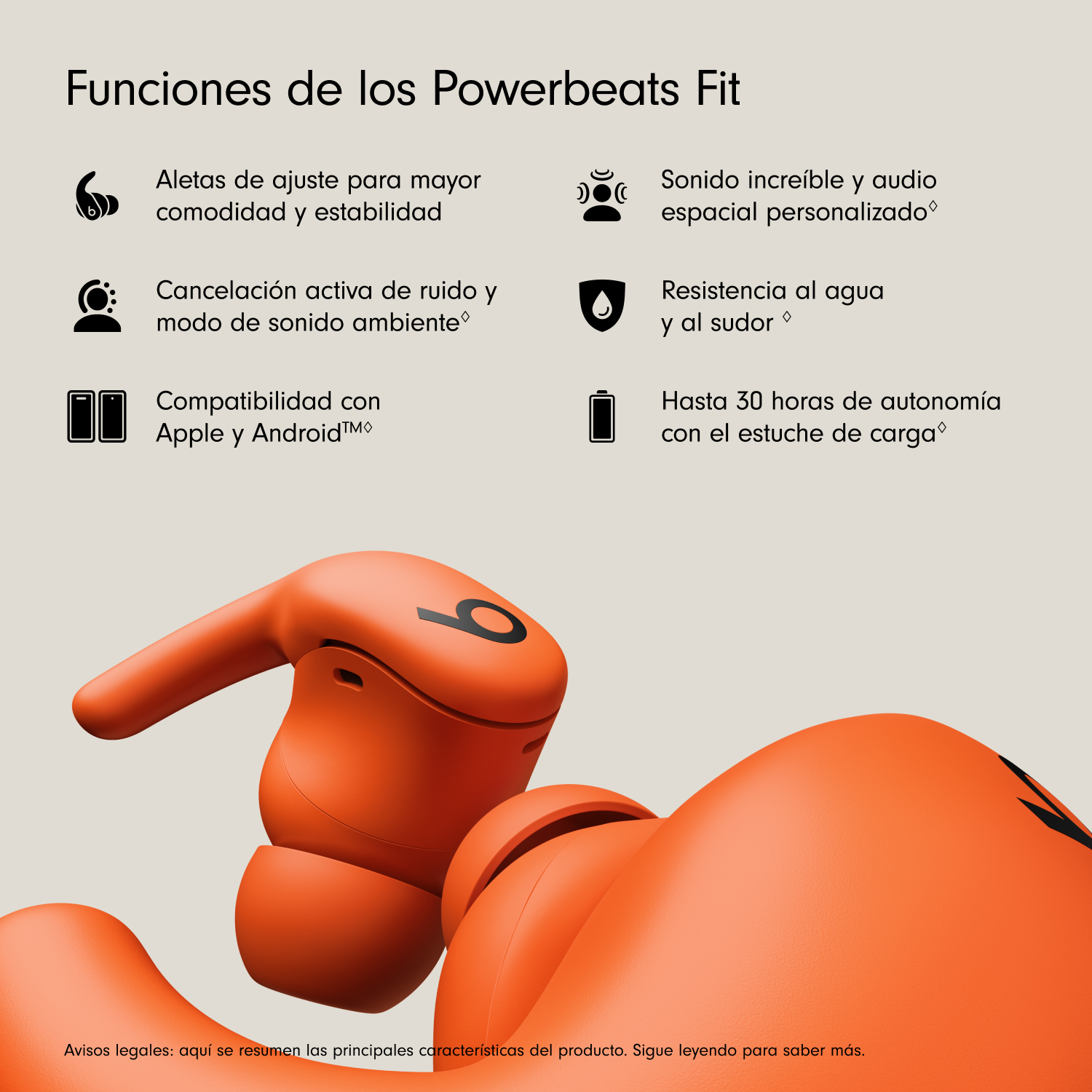 Auriculares Powerbeats Fit naranjas. Incluyen cancelación de ruido, resistencia al agua y hasta 30 horas de batería con estuche de carga.