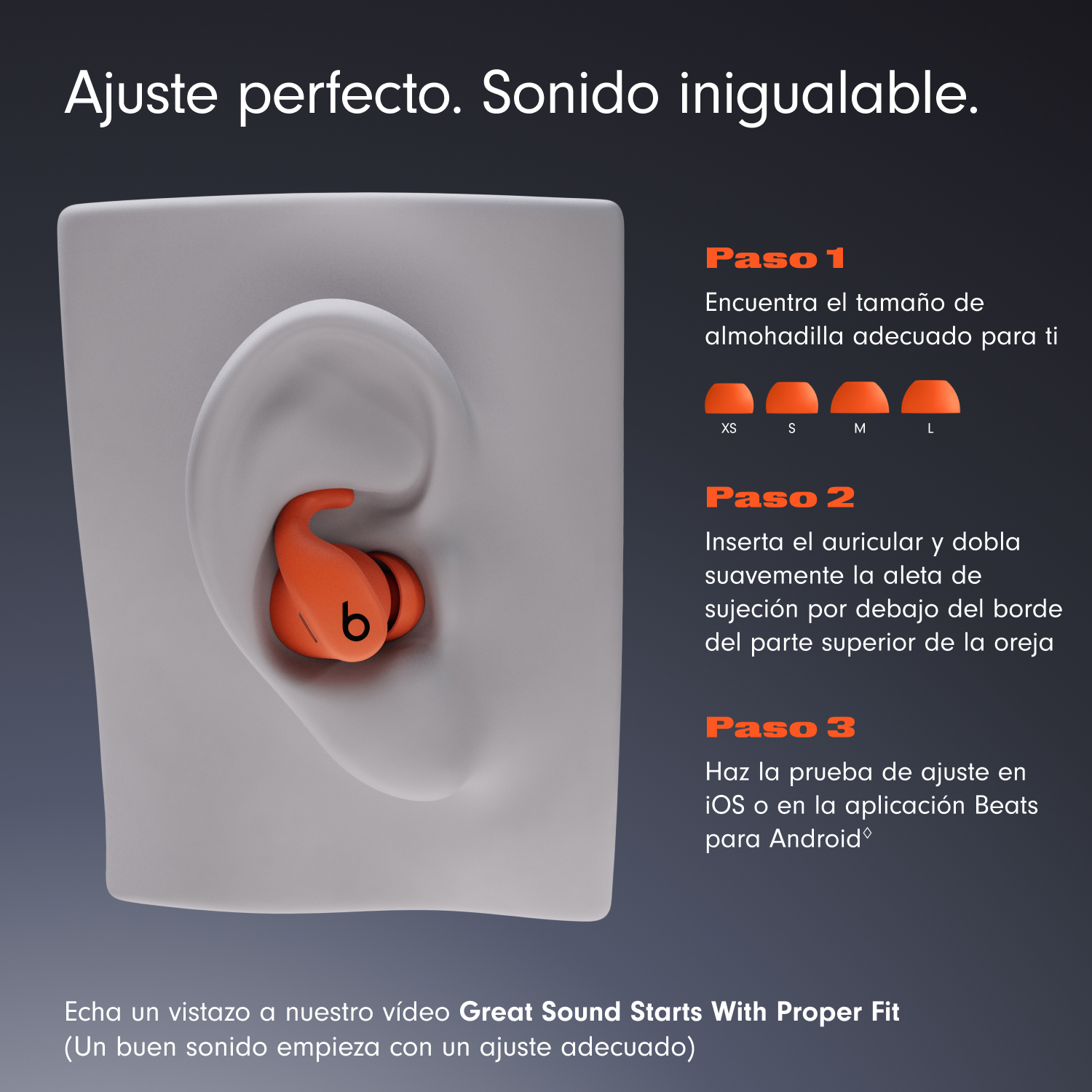 Imagen muestra un auricular naranja dentro de un modelo de oreja gris, con instrucciones para encontrar el tamaño de punta adecuado.
