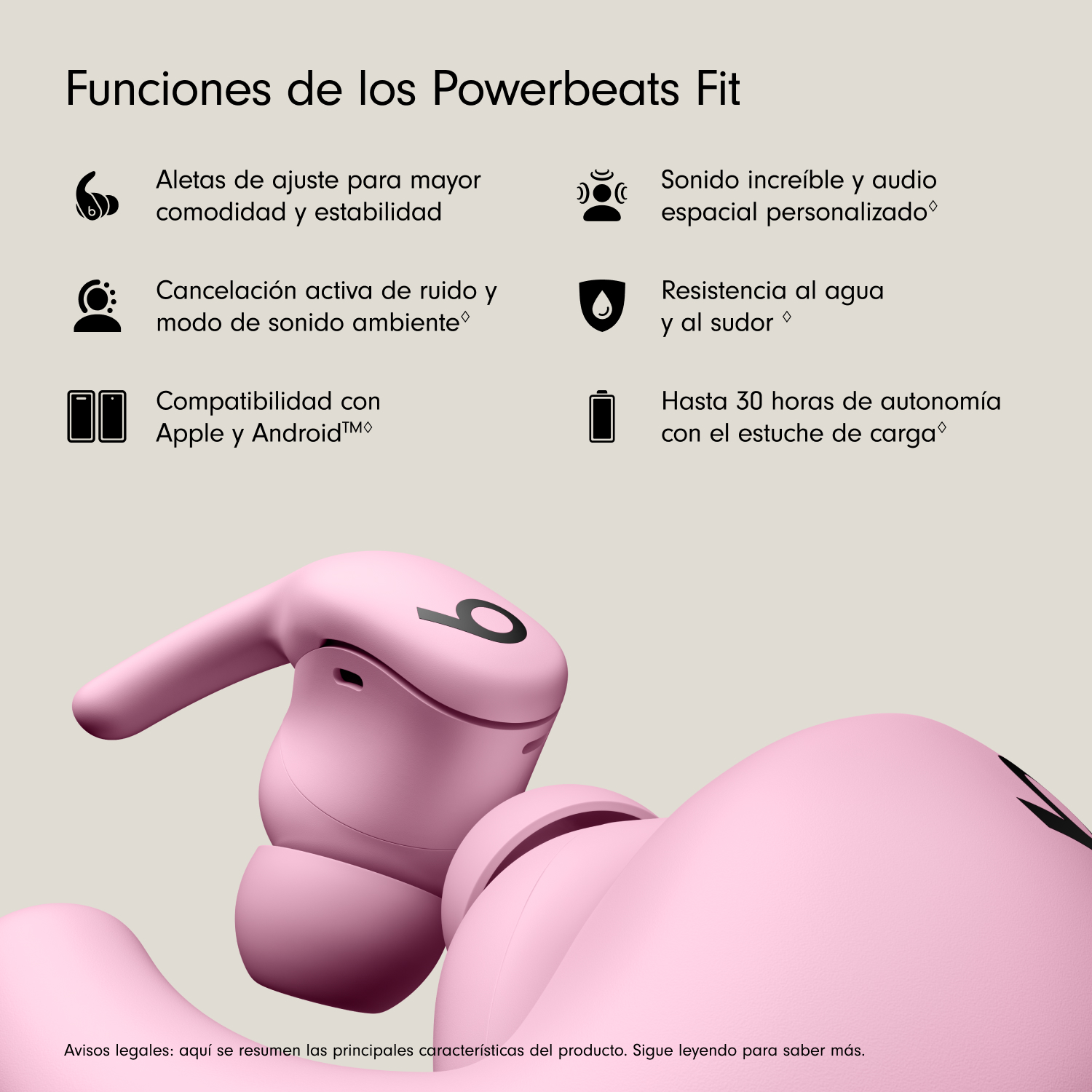 Auriculares Powerbeats Fit rosas. Las características incluyen comodidad, cancelación de ruido y compatibilidad. Texto describe características.