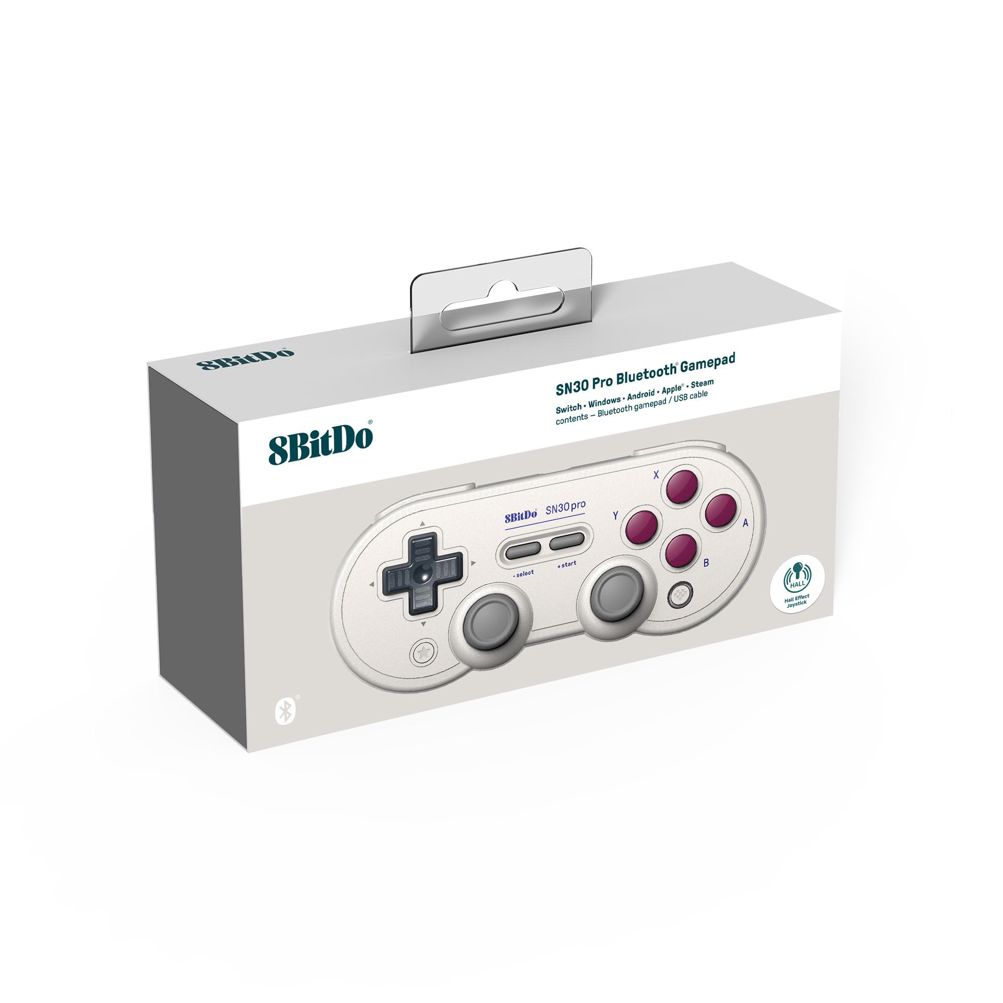 Das Bild zeigt eine weiße Box mit einem 8BitDo-Gamepad. Die Box zeigt das Gamepad mit Tasten und Produktinformationen.