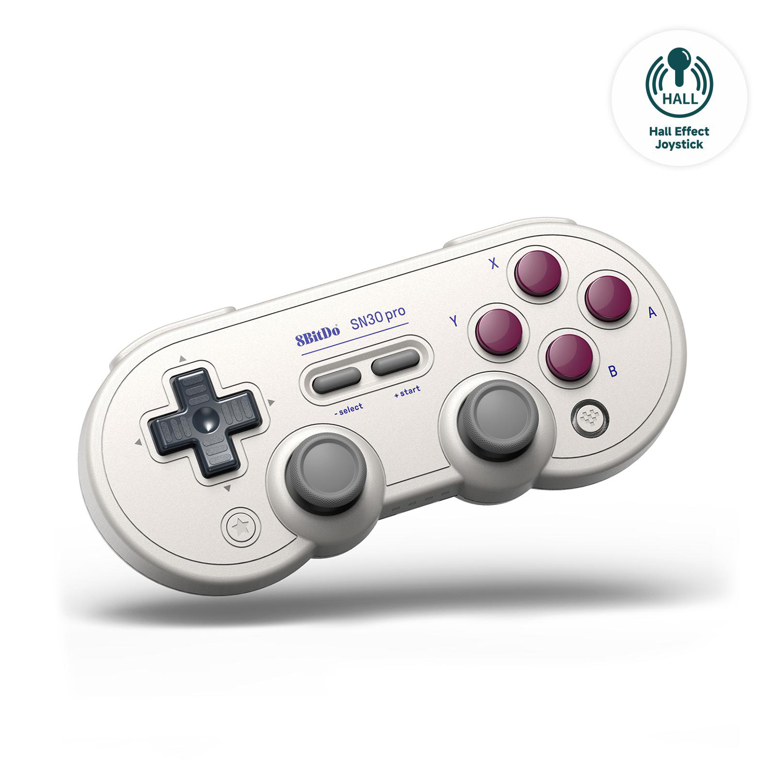 Ein weißer 8BitDo SN30 Pro Controller mit lila Knöpfen. Er hat ein Steuerkreuz, Analog-Sticks und ein Hall Effect Joystick Abzeichen.