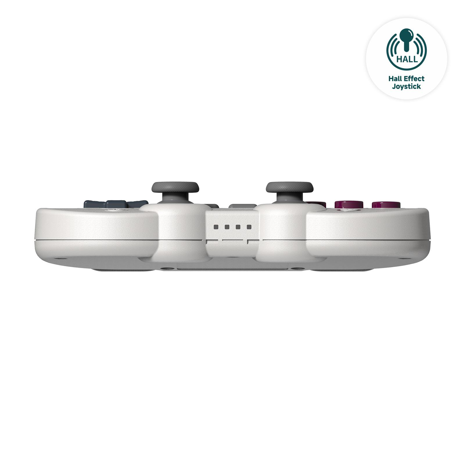 Seitenansicht eines weißen Gamecontrollers mit dunkelgrauen Joysticks und lila Knöpfen. Rechts befindet sich ein Hall Effect Joystick Logo.