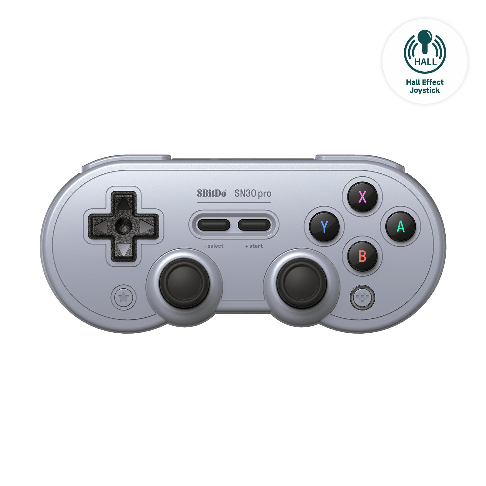 Silberfarbenes 8BitDo SN30 Pro Gamepad. Zu den Funktionen gehören die Tasten X, Y, A, B, ein Steuerkreuz und Joysticks. Ein Hall Effect Joystick Logo ist vorhanden.