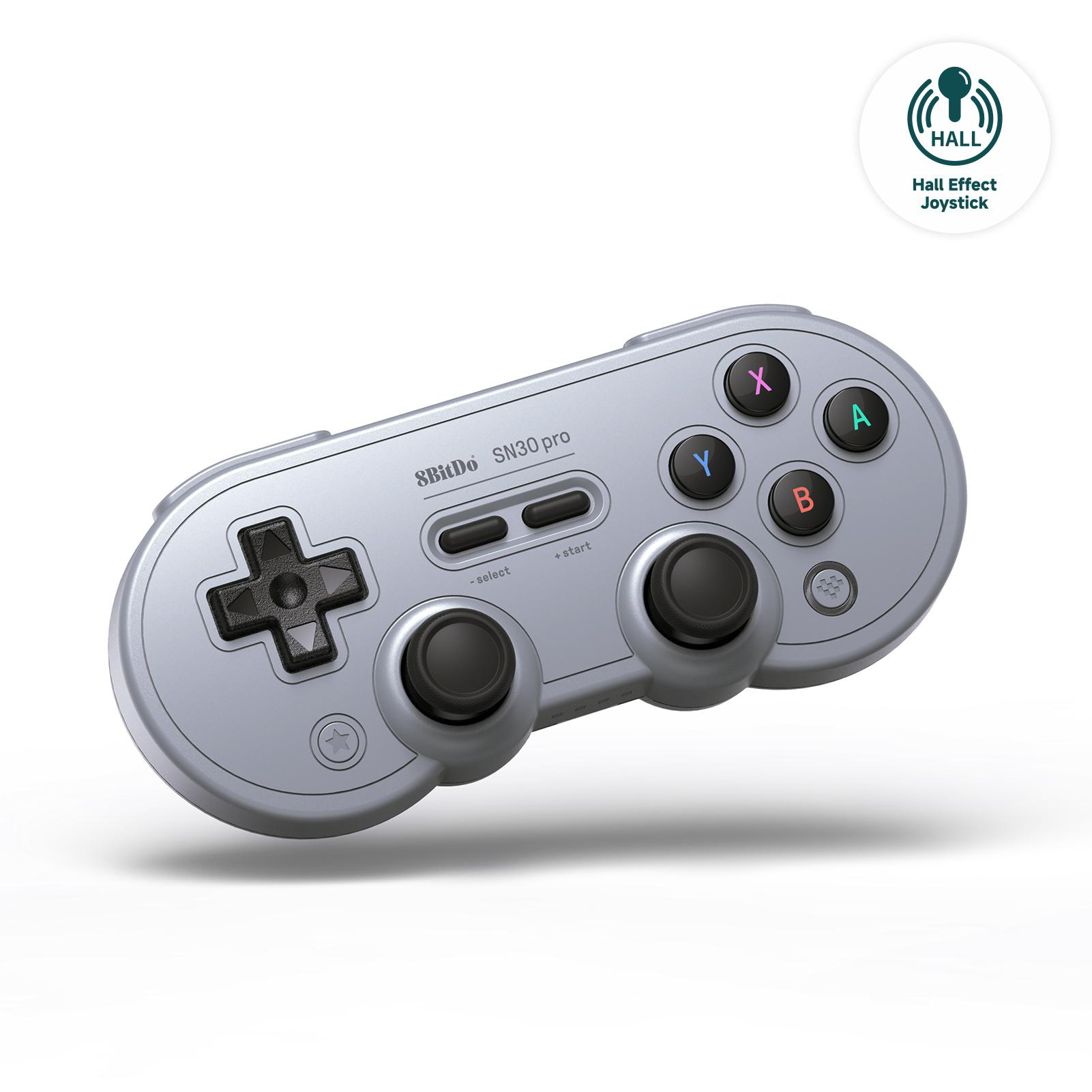 Silberner 8BitDo SN30 Pro Controller mit schwarzen Knöpfen und einem Steuerkreuz. Das Bild enthält ein Hall Effect Joystick Logo.