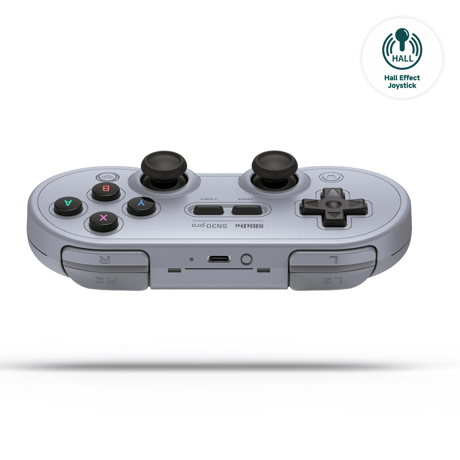 Ein grauer 8BitDo SN30 Pro-Controller mit Knöpfen, Joysticks und einem Hall Effect Joystick-Logo.