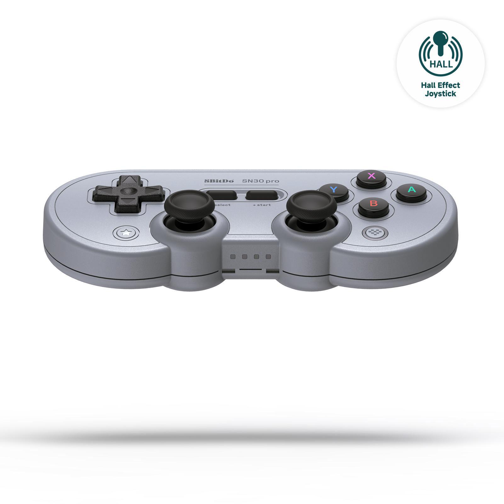 Ein silberner SN30 Pro Controller mit schwarzen Tasten und Joysticks. Ein Hall Effect Joystick Logo im Hintergrund.