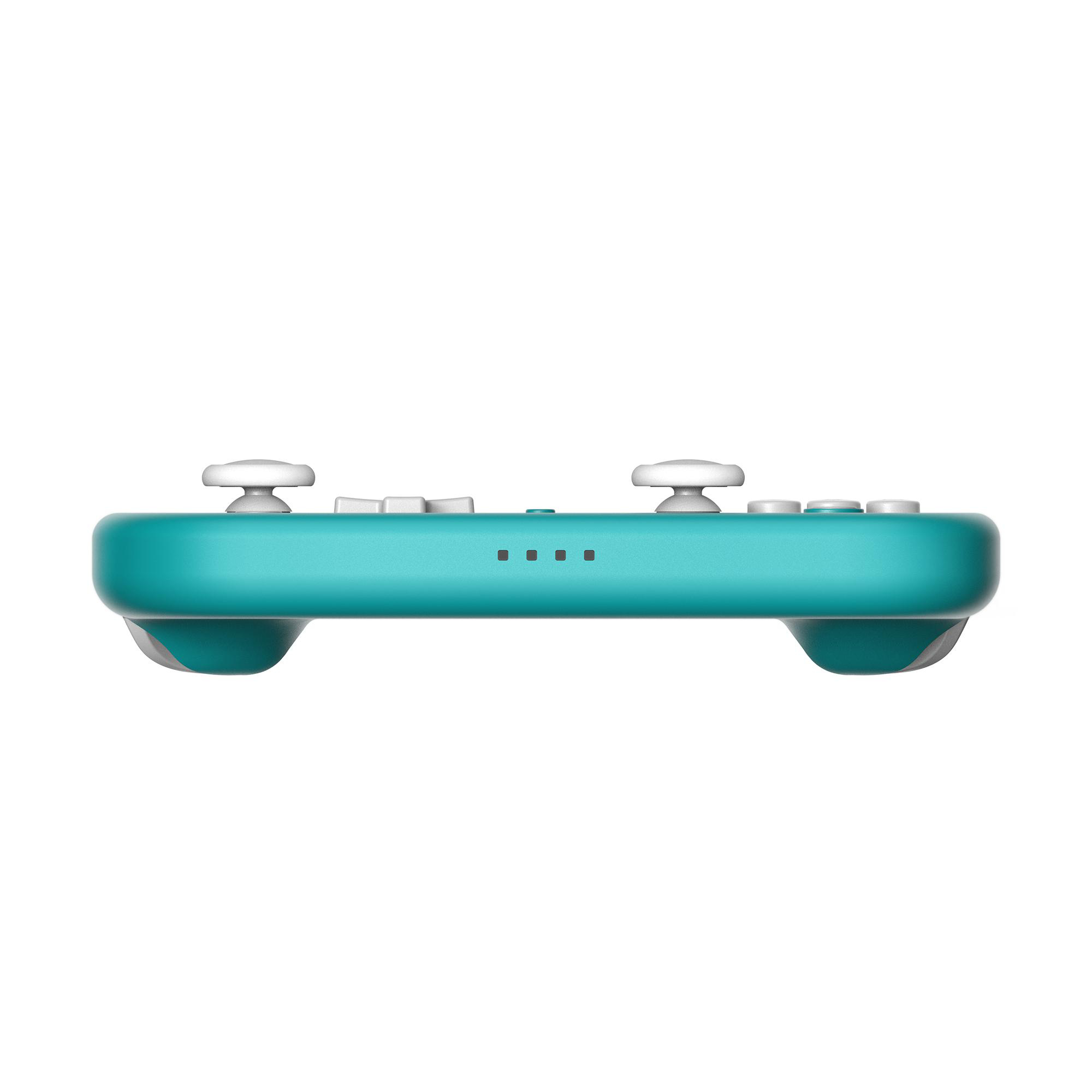 Seitenansicht eines türkisblauen Gamecontrollers. Er hat weiße Joysticks und Tasten sowie eine Reihe von Kontrollleuchten.