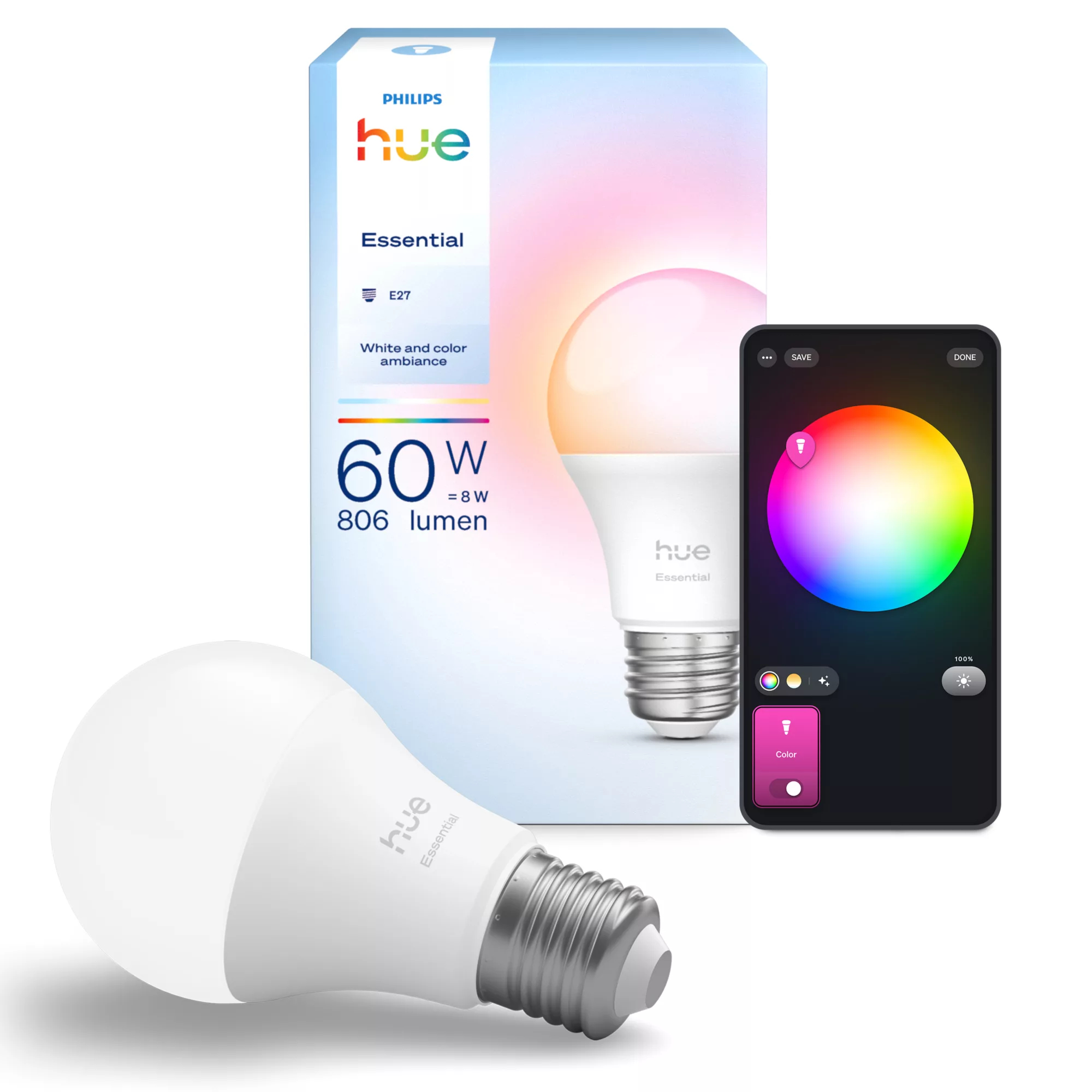 La imagen muestra una bombilla Philips Hue Essential, una caja y un teléfono que muestra opciones de color. La bombilla es blanca, la caja azul.
