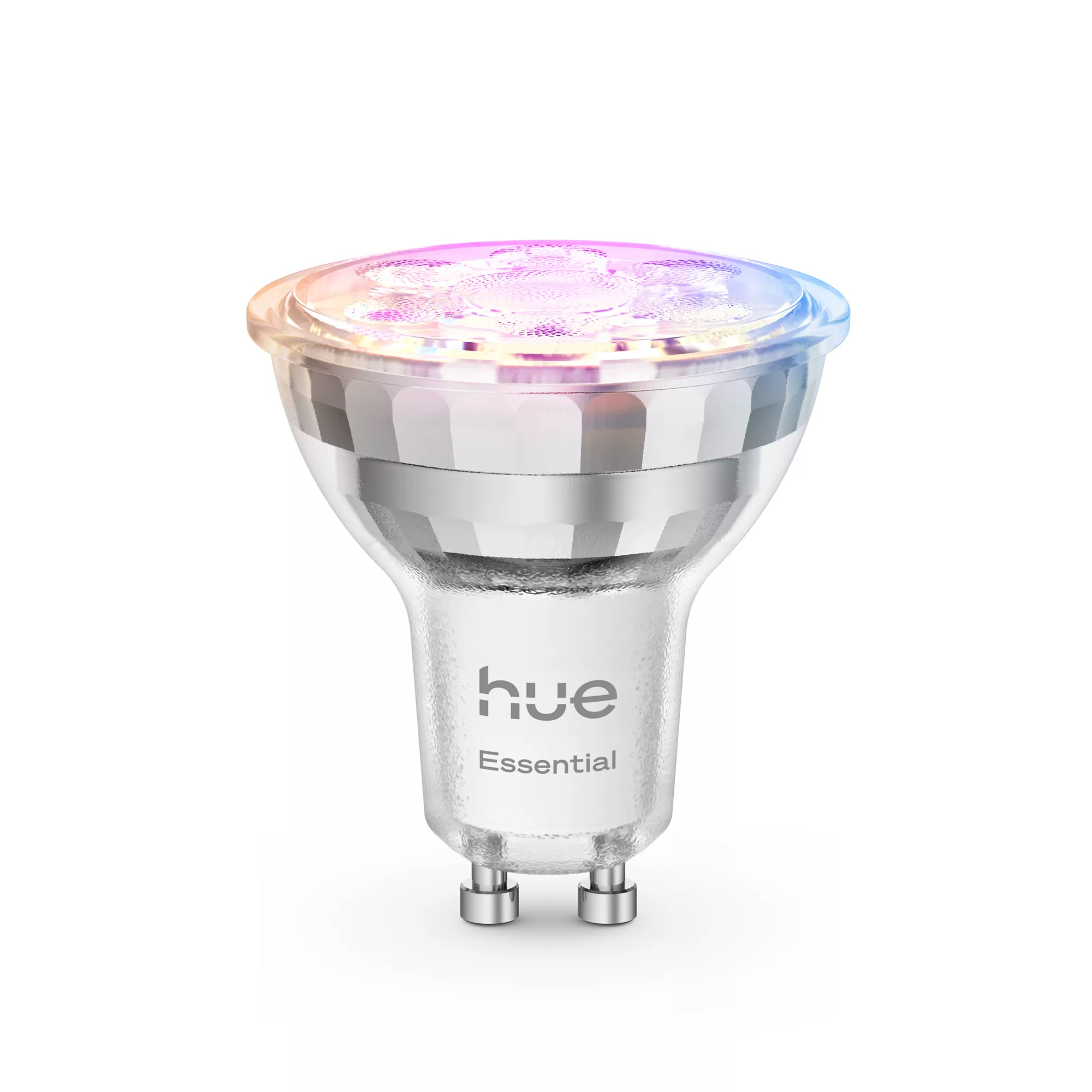Una bombilla inteligente Philips Hue Essential con una parte superior colorida. La bombilla es plateada y tiene los logotipos 'hue' y 'essential'.