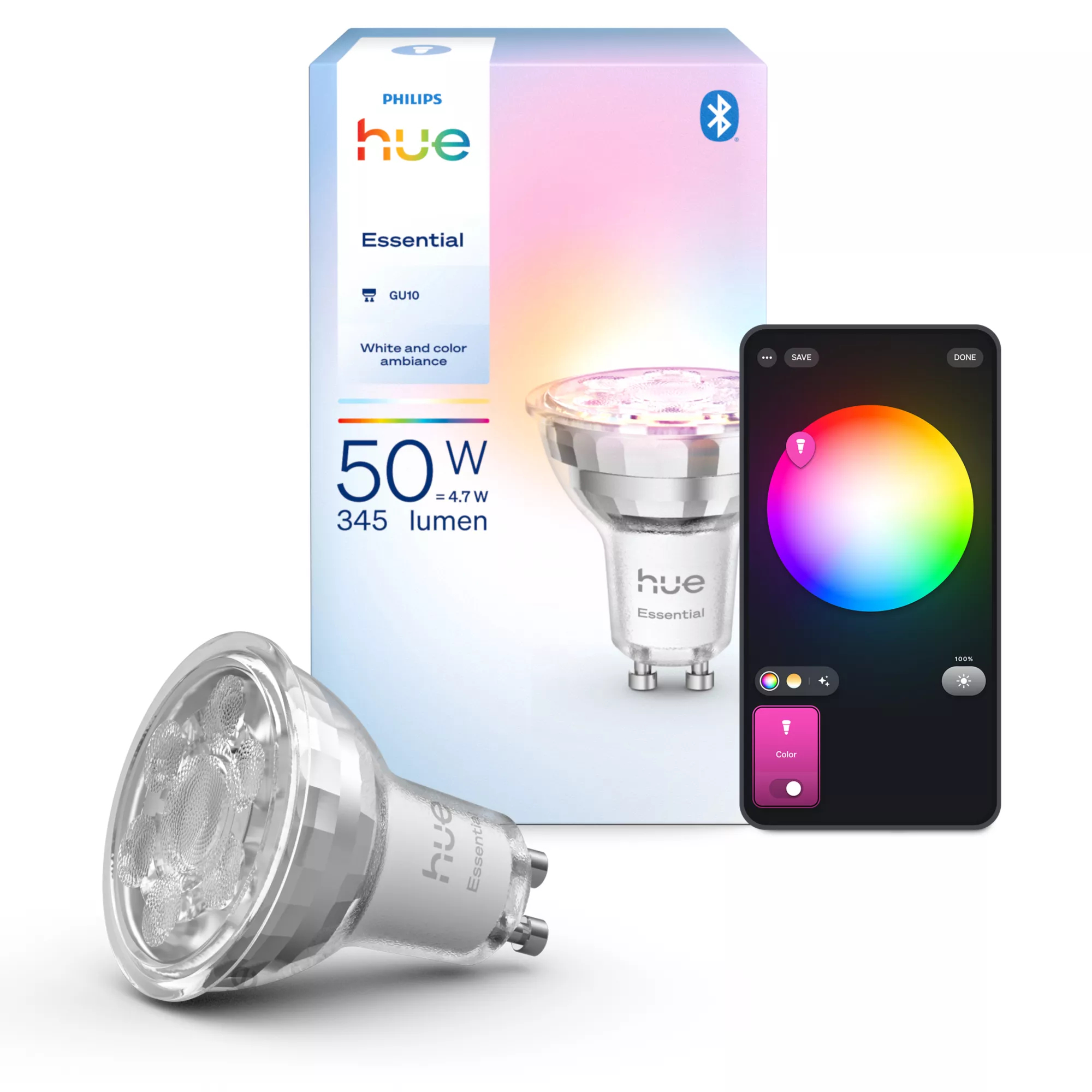 La imagen muestra una bombilla Philips Hue Essential, una caja y un smartphone con pantalla de selección de color.