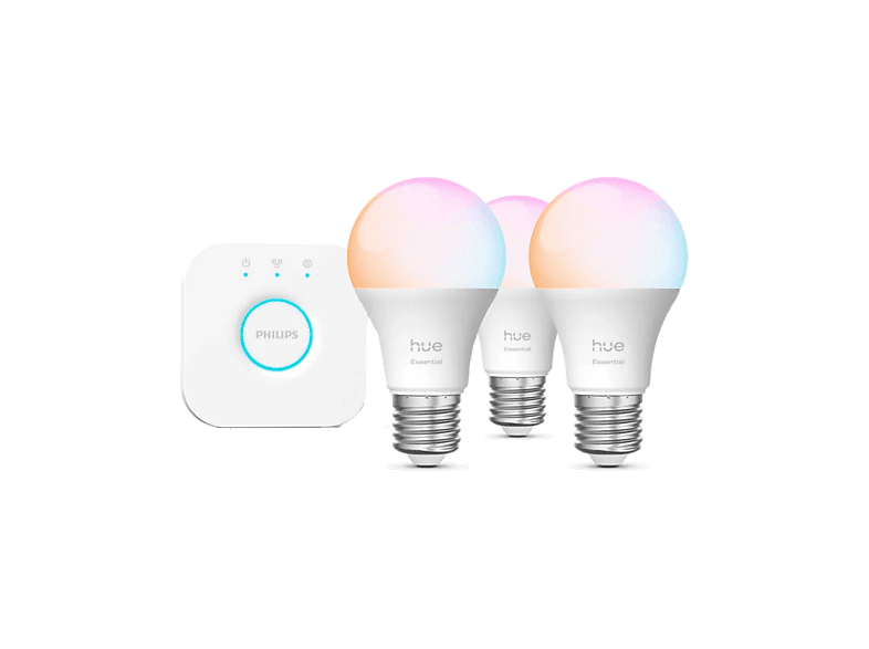 Bombilla Inteligente - Hue Essentials Kit Bombillas LED E27, 806 lm, RGB, Matter, Compatible Alexa, Google, AppleHomekit, 3 bombillas + Bridge