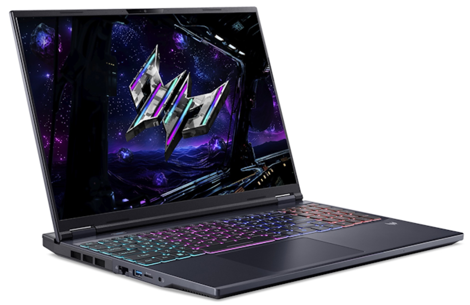 Se muestra un portátil con teclado colorido. La pantalla muestra un logotipo sobre un fondo espacial.