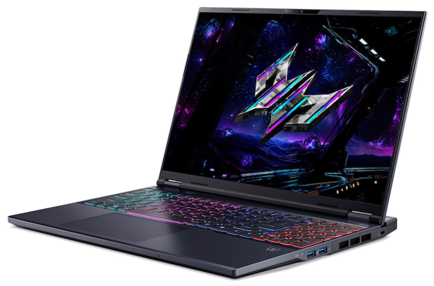 Un portátil con teclado iluminado. La pantalla muestra una imagen con temática espacial y un logotipo estilizado. El portátil es gris oscuro.