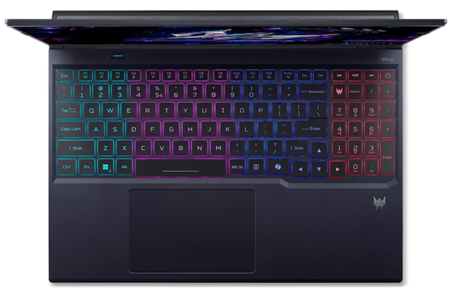 Vista superior de un teclado de portátil con teclas retroiluminadas. Un touchpad está debajo.