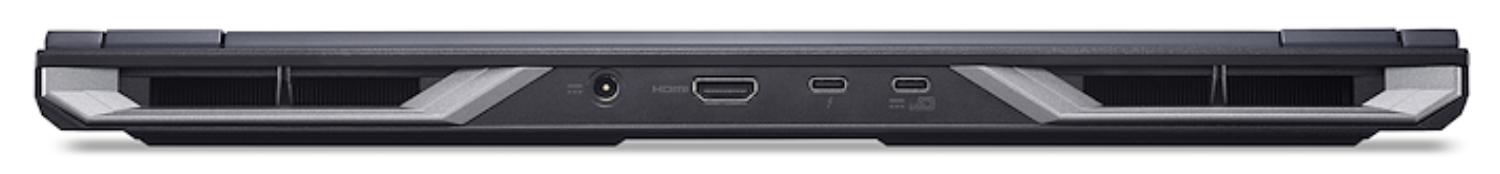 Borde inferior de un portátil, mostrando puertos y rejillas. Incluye alimentación, HDMI, USB y rejillas de ventilación.